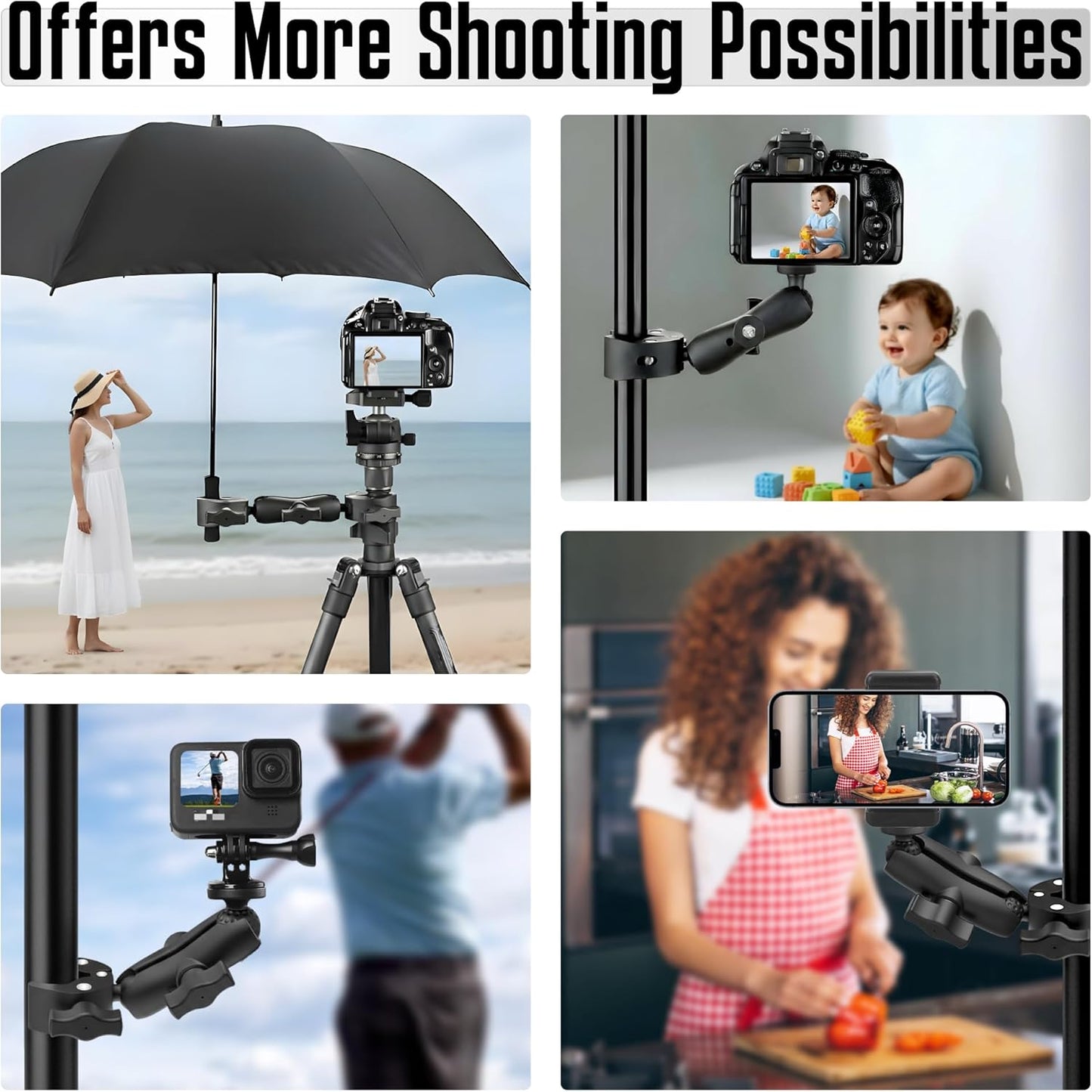 Premium 3-in-1 Umbrella Clamp for Chairs, Strollers, Boats & Kayaks Adjustable Mounting Bracket for Umbrella, Camera & Phone Durable Anti Slip Trolling Motor Stabilizer for Outdoor Hands Free Use