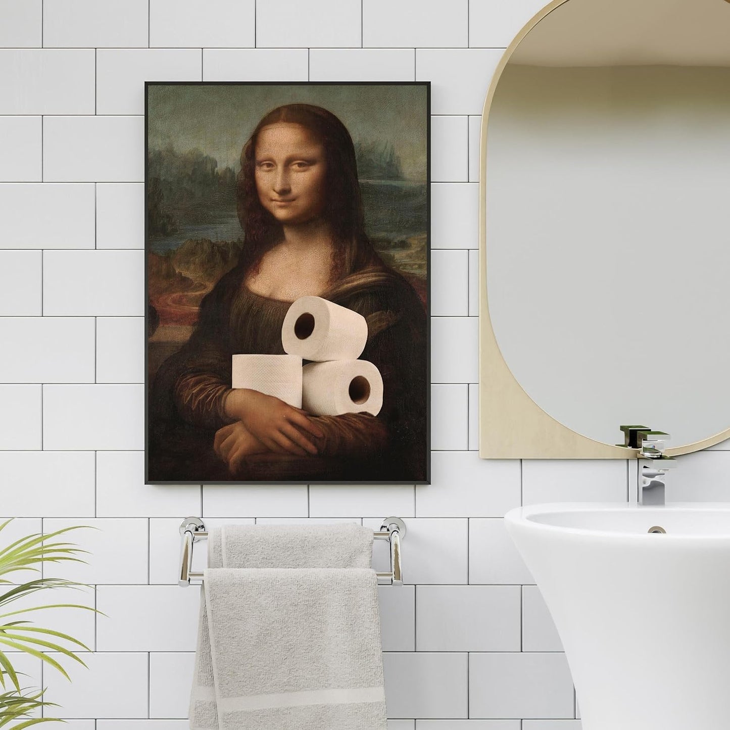 Funny Bathroom Wall Art Classical Oil Painting Mona Lisa and Toilet Paper Poster Amusing Prank Canvas Prints Vintage Humor Wall Decor for Restroom 20x30in Framed