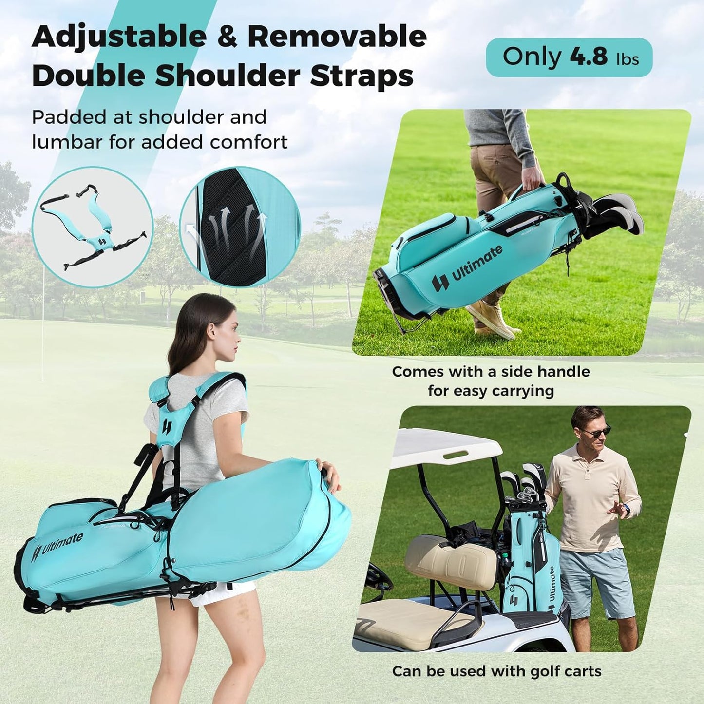 ULTIMATE Golf Stand Bag, 8-Way Golf Bag with 5 Pockets, Rain Hood, Detachable Dual Shoulder Strap, Lumbar Pad, Handles, Portable Golf Club Bag for Men & Women