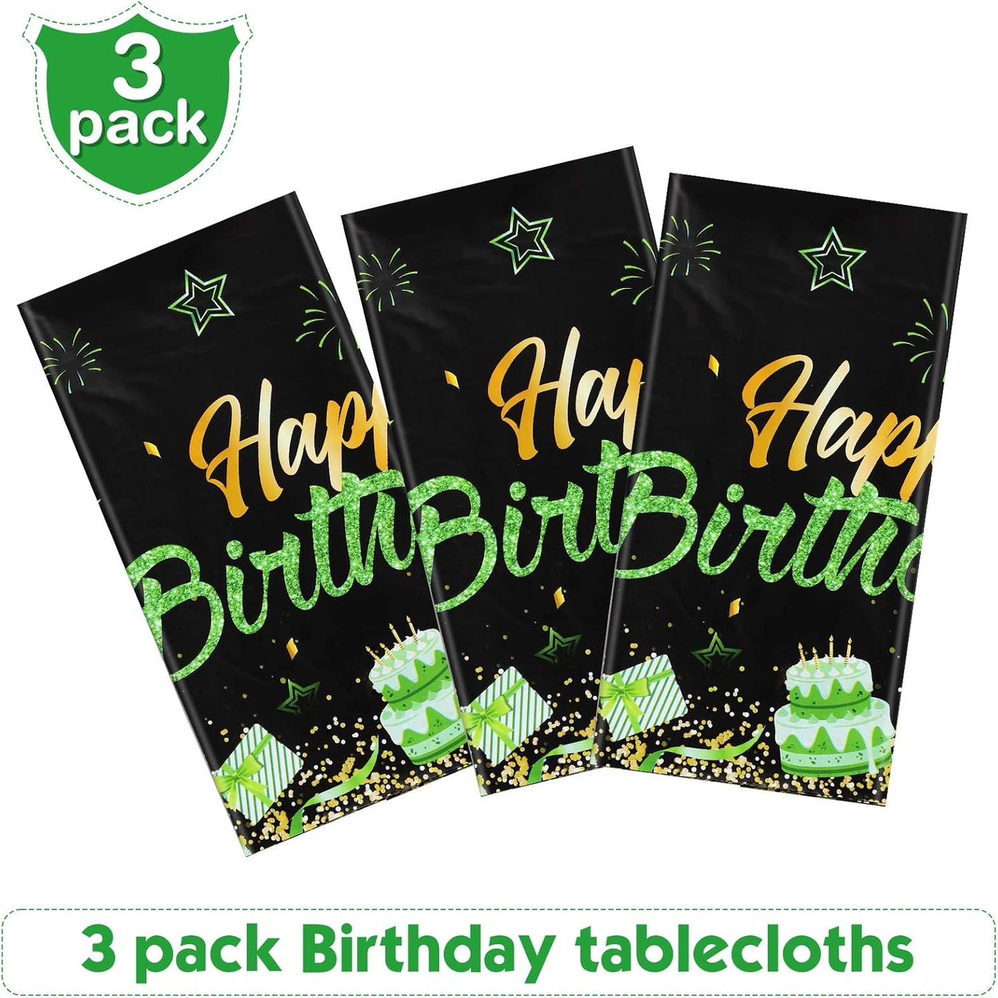 Breling 3 Pack Birthday Party Supplies Confetti Sprinkles Happy Birthday Tablecloths Starry Table Covers for Kids Adults Party Decorations, 54 x 108 Inches (Green and Black)