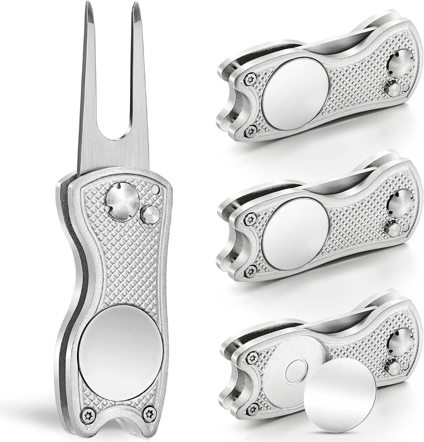 Mile High Life Golf Divot Repair Tool, All Metal Foldable Divot Tool with Pop-up Button & Magnetic Ball Marker, 2-6 Pack