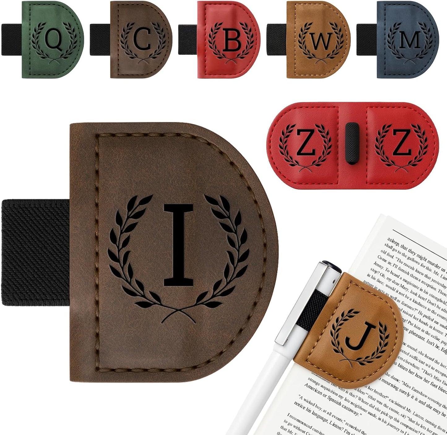 Personalized Bygone Mark Bookmark with Pen Holder,Engraving Leather Magnetic Bookmarks Vintage 26 Letters Name Initials Text Book Marker Clips Gifts for Reading Book Lovers Women (Coffee, I)