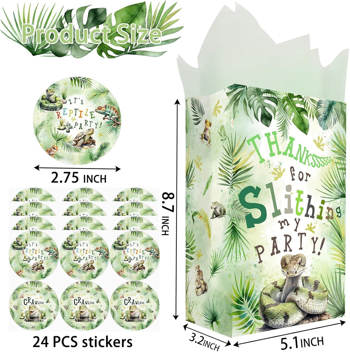 Outego 24 Reptile Party Favor Bags with Stickers Reptile Goodie Bags Reptile Party Favors for Kids Reptile Birthday Party Supplies