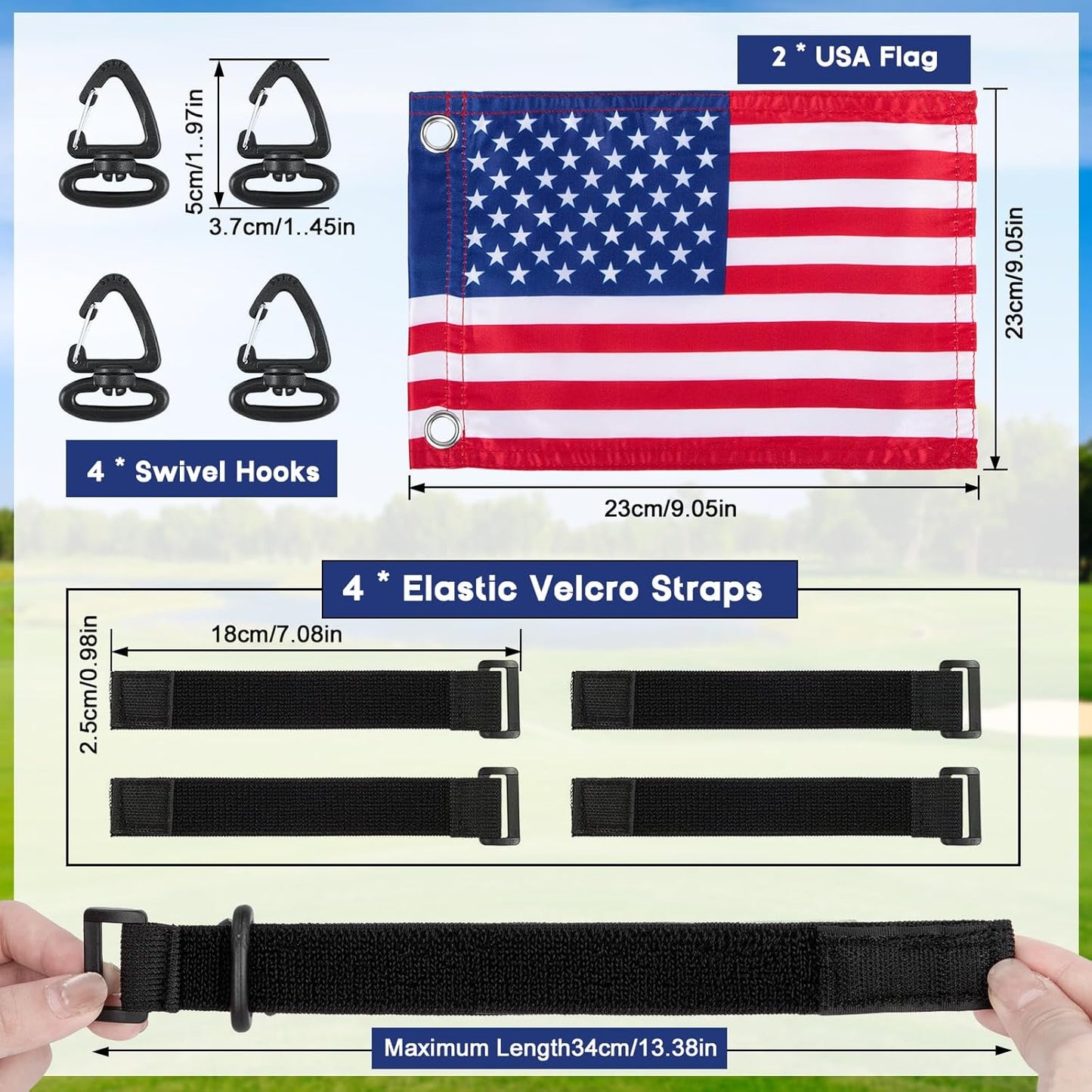 2PCS Golf Cart Flags, Double-Sewn Slik Satin Fabric 6 x 9"Golf Cart Flags, Easy Installation American Flags for Golf Cart, Boat, Bike, American USA Golf Flag with Elastic Strap Bracket