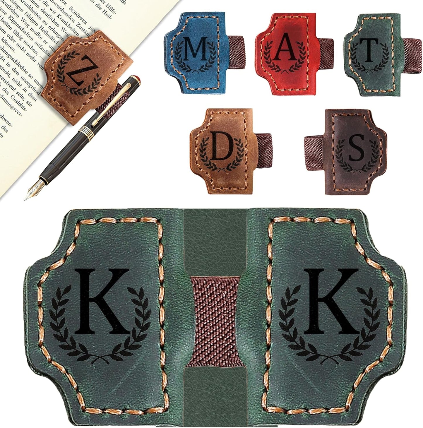 Bygone Mark Bookmark with Pen Holder, 26 Letters Name Initial Personalized Magnetic Bookmarks, Leather Book Mark for Men Women, Travelers Accessories, Teachers Readers Book Lovers Gifts (Green, K)