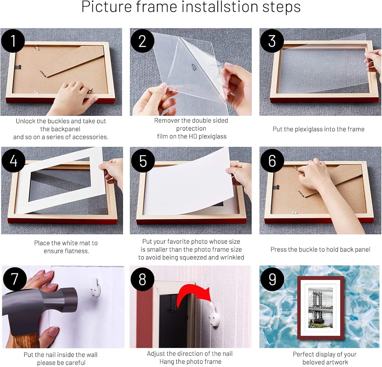 8x10 Solid Wood Picture Frames - 5x7 with Mat or 8x10 without Mat - Wall Mount or Table Top (Red)