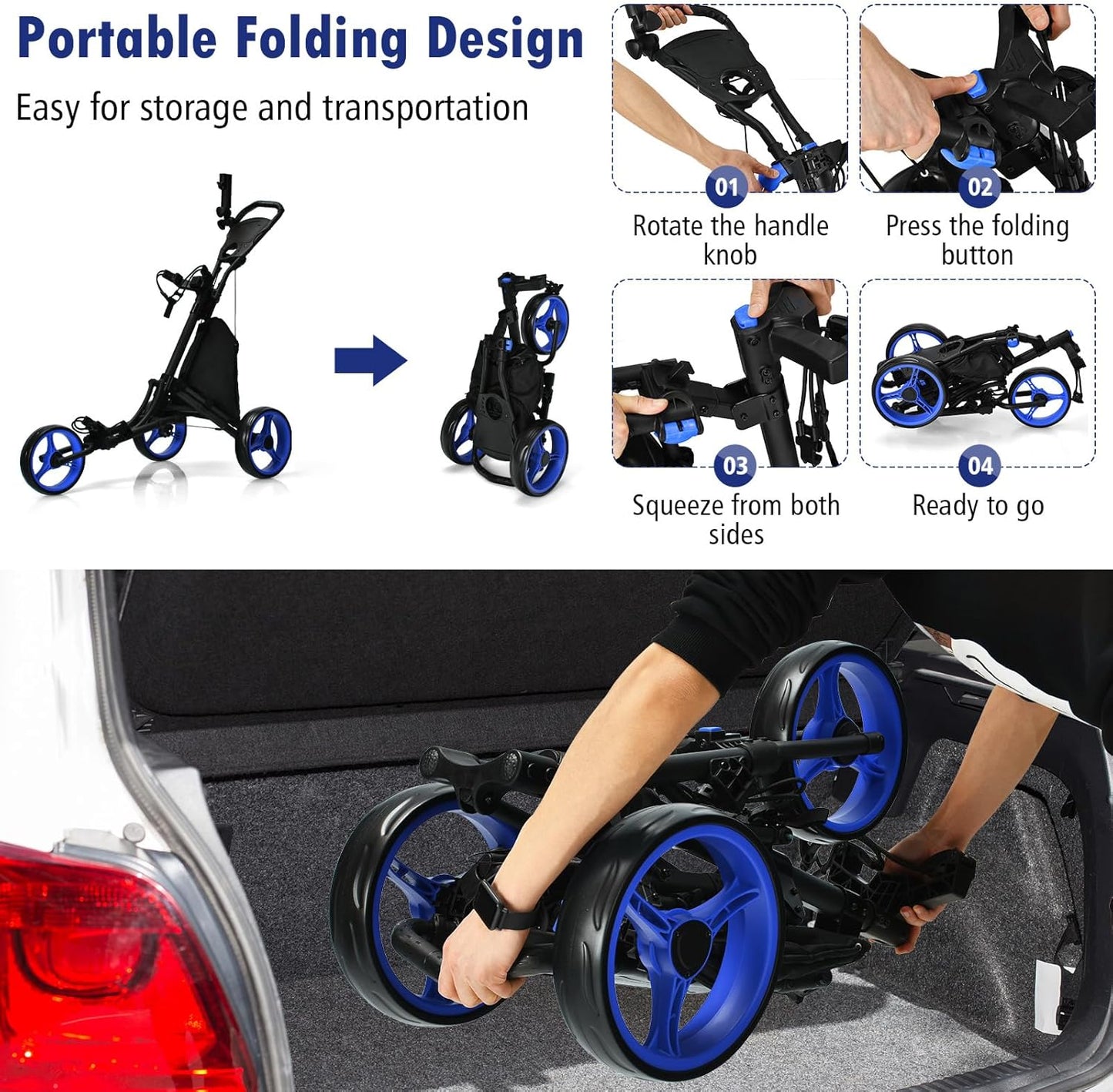 ULTIMATE 3 Wheel Golf Push Cart, Aluminum Folding Golf Walking Push Cart w/Elastic Strap, Umbrella & Cup Holder, Scoreboard Storage, Insulated Storage Bag, Adjustable Handle & Foot Brake