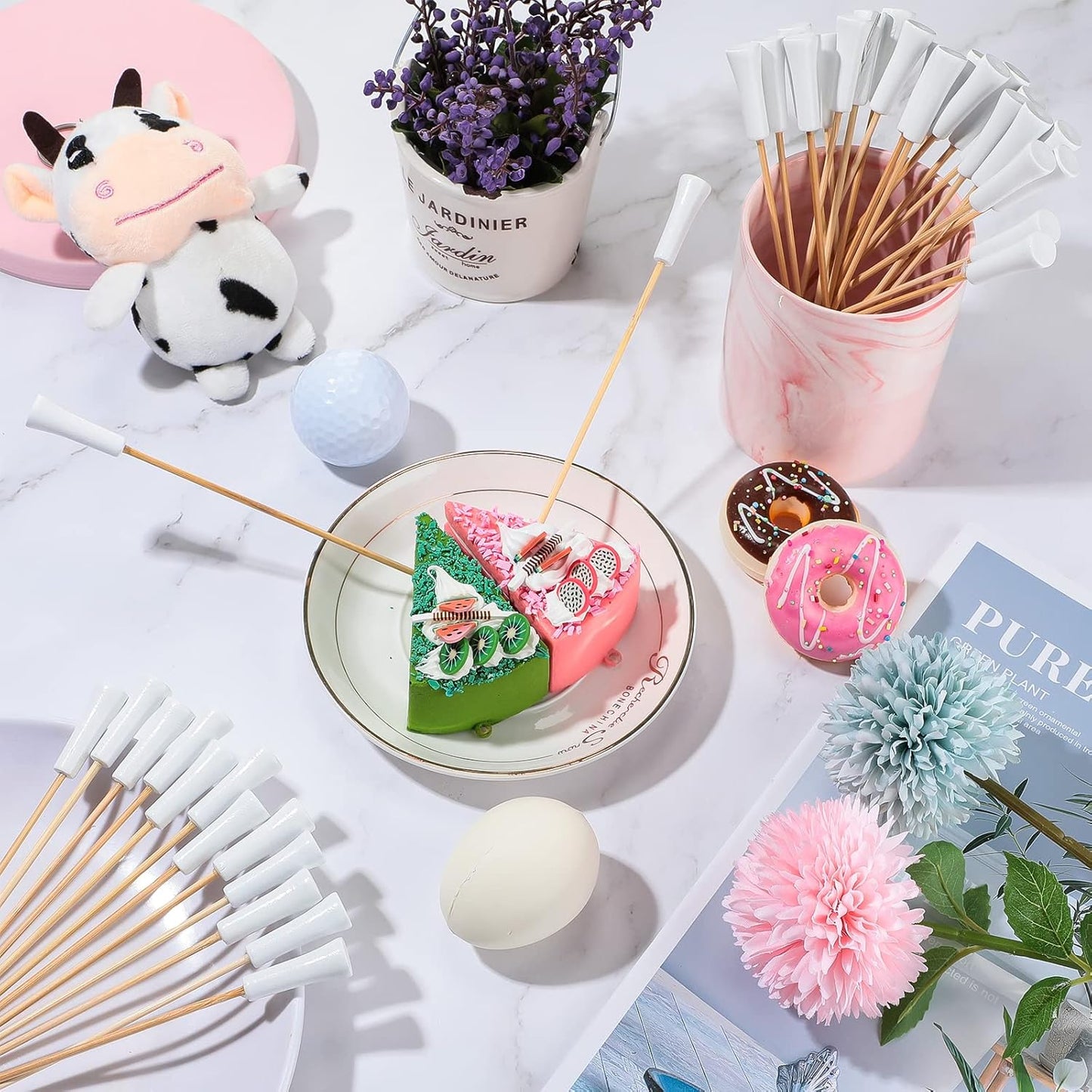 Meanplan 100 Pcs Golf Tee Toothpicks for Appetizers Masters Hole in One Party Golf Themed Tee Skewers Bamboo Cocktail Picks for Sandwich Fruit Catered Events Buffet Supplies, White (4.72 Inches)