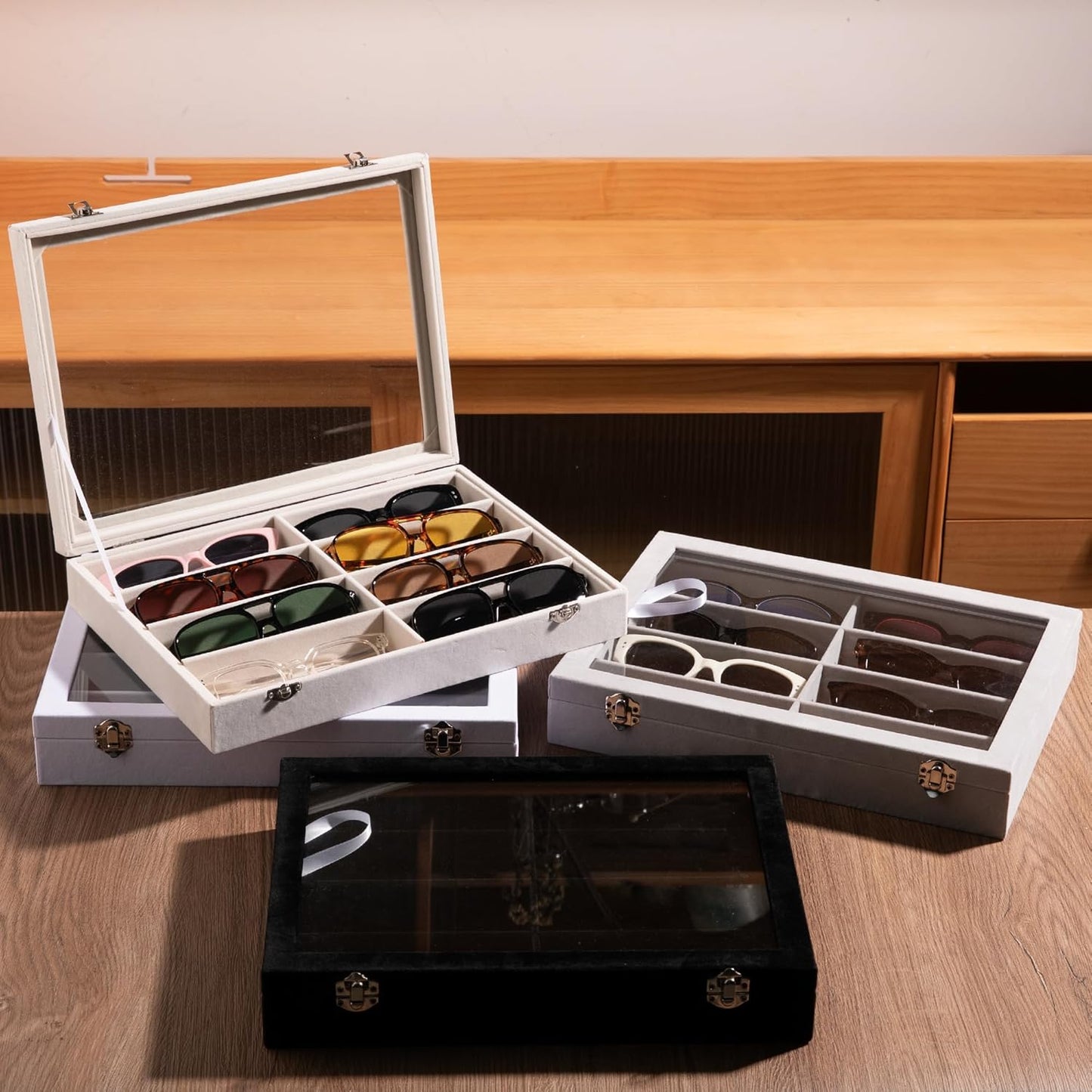Frebeauty Sunglass Organizer,Velvet Glasses Organizer,8-Slot Sunglasses Tray for Drawer, Men's/Women's Sunglasses Box