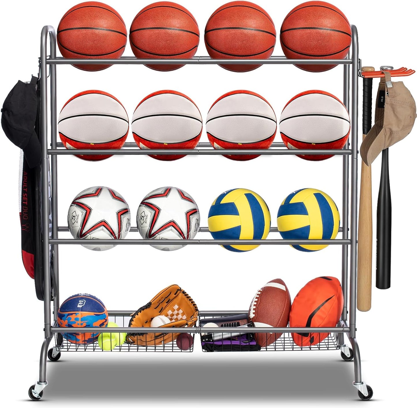 Basketball Rack, Rolling Basketball Shooting Training Stand,Sports Equipment Storage with Wheels, Four-Layer Organizer Holder with Two Basket for Basketballs Footballs Volleyball
