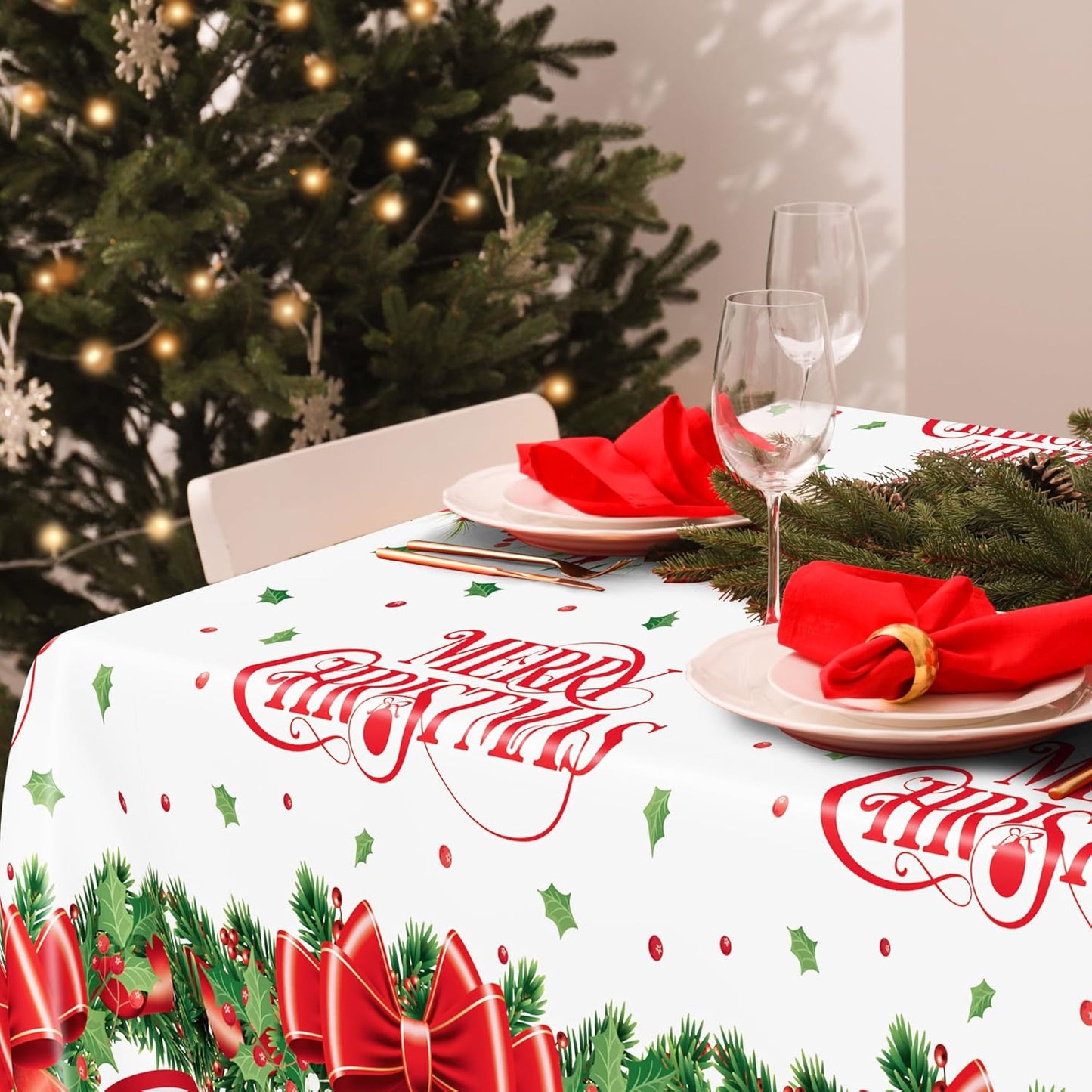 QZYL 2 Pack Christmas Tablecloths, 54" x 108" Xmas Plastic Table Cloth, Poinsettia Holly Bells Design Holiday Disposable Tablecover Rectangle Tablecloth, Christmas Decor Holiday Table Decorations
