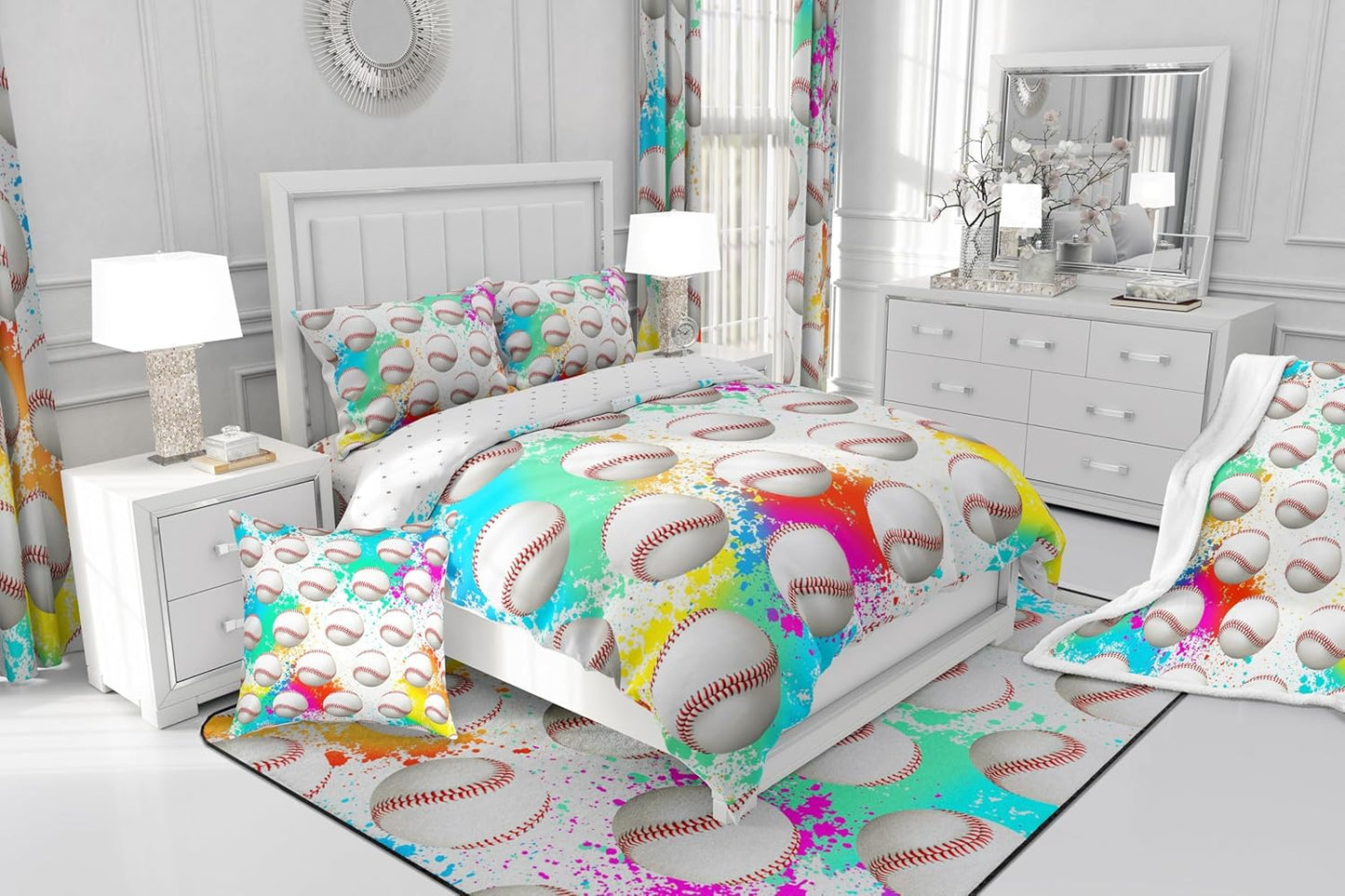 Feelyou Boys Baseball Polyester Bath Rug Ball Games Themed Soft Fleece Door Carpet for Kids Boys Girls Rainbow Graffiti Non Slip Bath Mat Ball Gaming Bathroom Floor Indoor Doormat,16x24 Inch