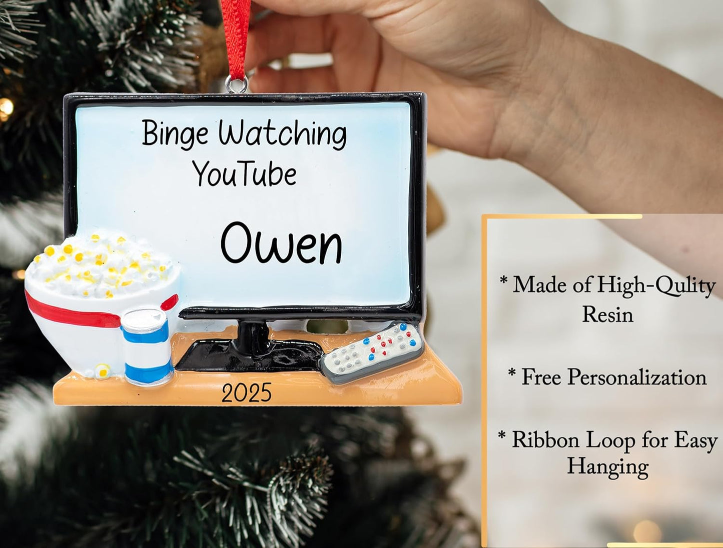 Personalized Television Christmas Ornament 2025 | Big TV Screen with Popcorn & Beer for Xmas Tree - Binge Watcher TV Junkie Movie Night Lover Gift | Unique Keepsake - Custom Name & Year