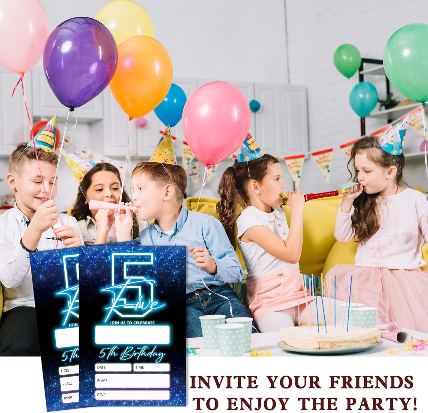 SIXEIGHT Blue 5th Birthday Invitations for Boys, Neon Glow Party Invitations for Girls Kids, 20 Pack Double Sided Invite Cards with Envelopes, 5th Glow Neon Birthday Party Decorations, 4x6 Inch-C05