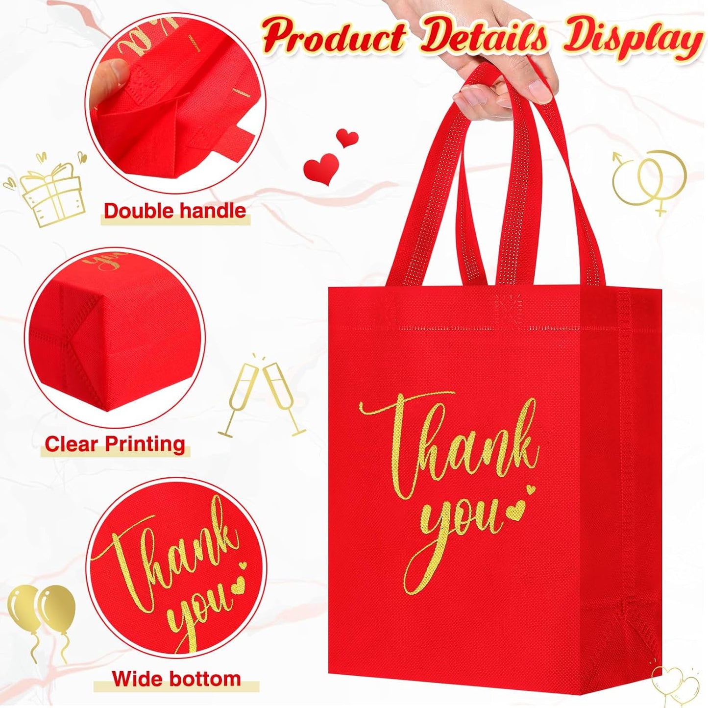 Sweetude 30 Pcs Thank You Gift Bags with Handles Bulk Reusable Goodie Bag Non Woven Foldable Handbag for Graduation Wedding Bridesmaid Gifts(10 x 8 x 4 Inch,Vermilion)