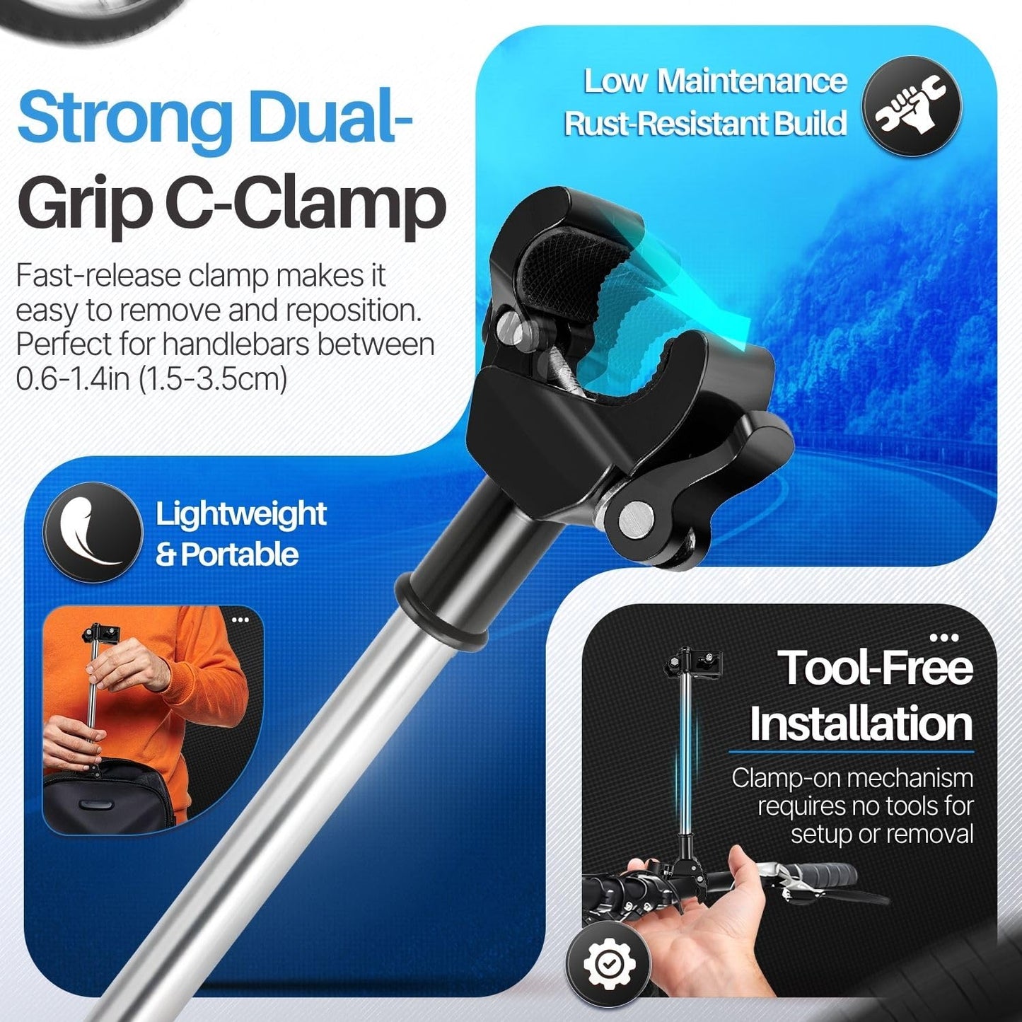 Flexzion Adjustable Bicycle Umbrella Clamp Holder – Universal Stroller Attachment, Wheelchair Umbrella Holder for Bike, Golf Cart, Beach Chair – Stainless Steel Quick Mount Frame