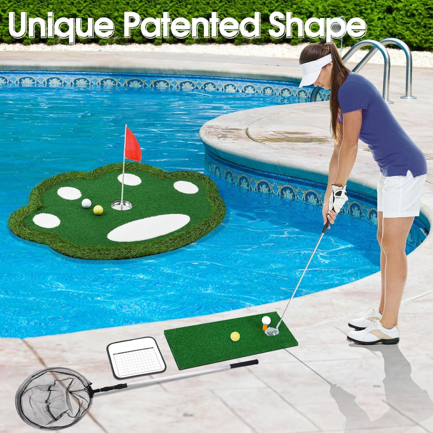 Floating Golf Green for Pool, Patented Pool Golf Game Floating Mat with Ball Retrieve Net/Scoreboard for Party & Training