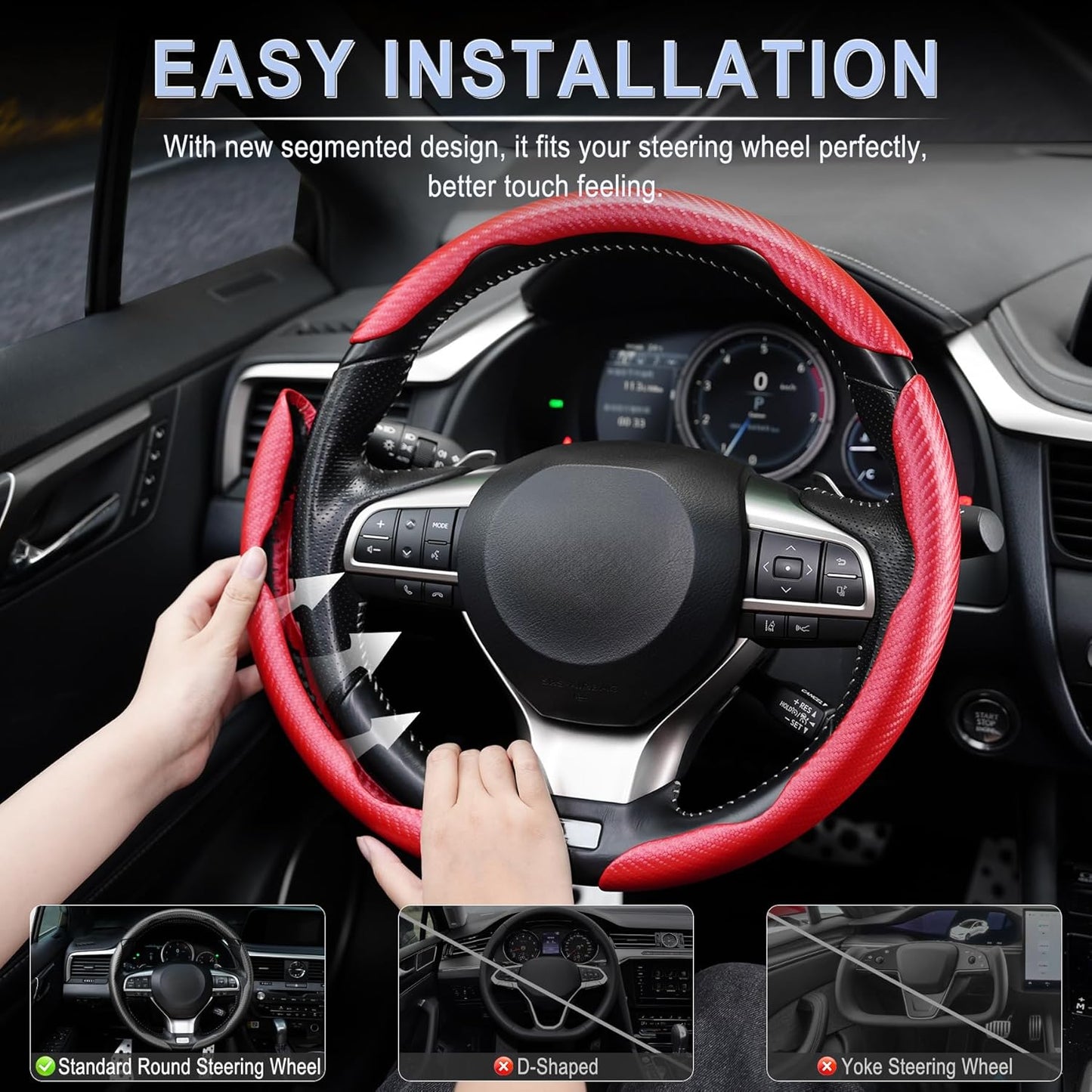 Amiss 3pcs Carbon Fiber Anti-Skid Steering Wheel Cover, Segmented & Butterfly Design, Universal 99% Car Wheel Cover Protector, Red