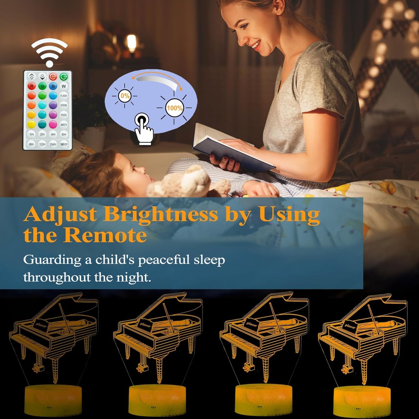 Piano Night Light, Instrument Gifts, Piano 3D Illusion Lamp with 16 Colors Changing, Timer, 4 Flash Modes and Dimmable, Kids Boys Girls Room Decoration, Holiday Xmas Music Gifts