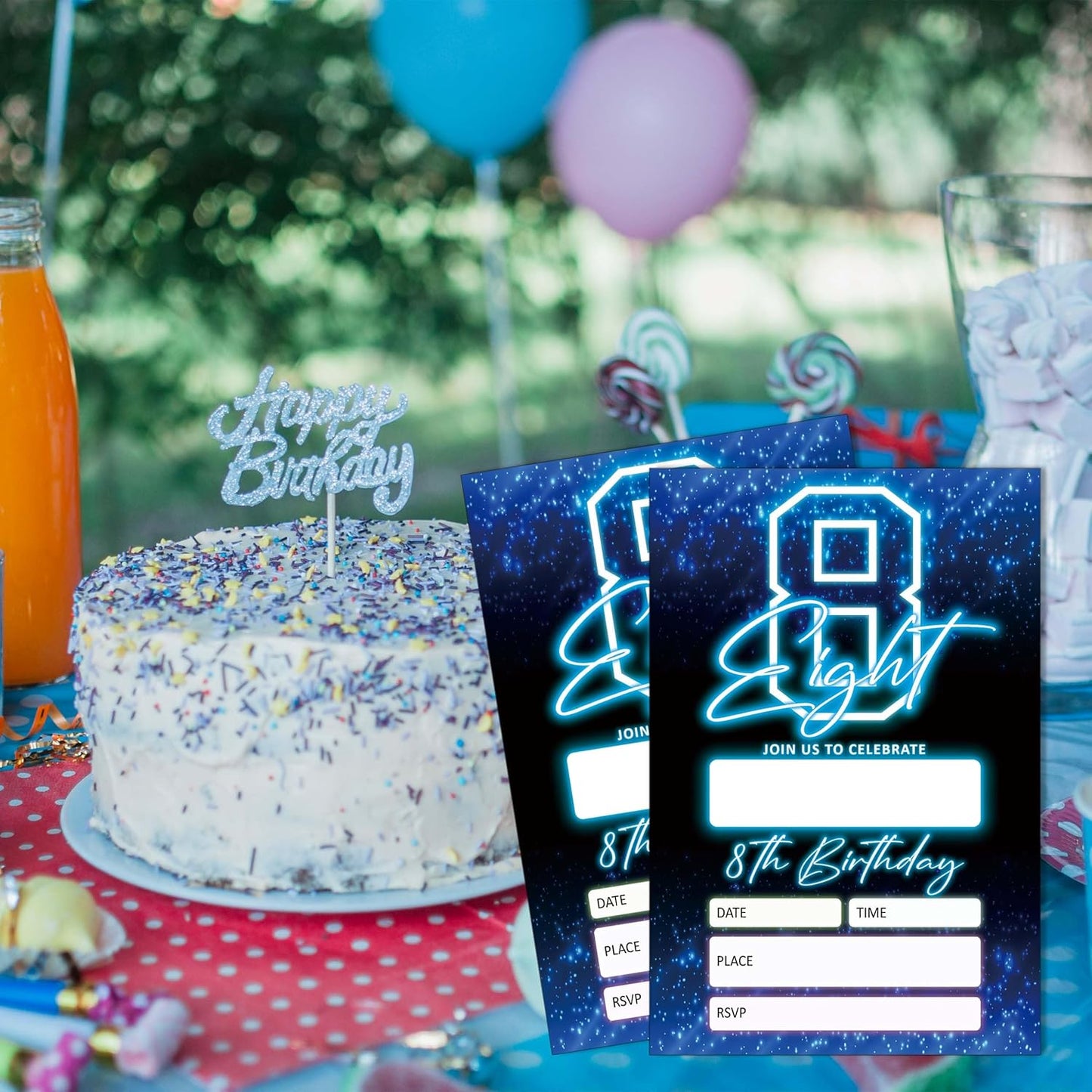 SIXEIGHT Blue 8th Birthday Party Invitations for Boys, Glow Neon Birthday Invitations, 20 Double Sided Invite Cards with Envelopes for Kids Girls, Party Decorations Supplies, 4"x6"-C08