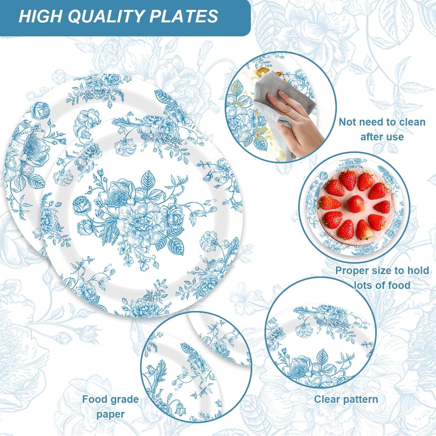Blue Floral Birthday Decorations 48Pcs Blue and White Floral Theme Tableware Set Disposable Plates Napkins Forks Supplies for 16 Guest Baby Shower Wedding Party Decorations