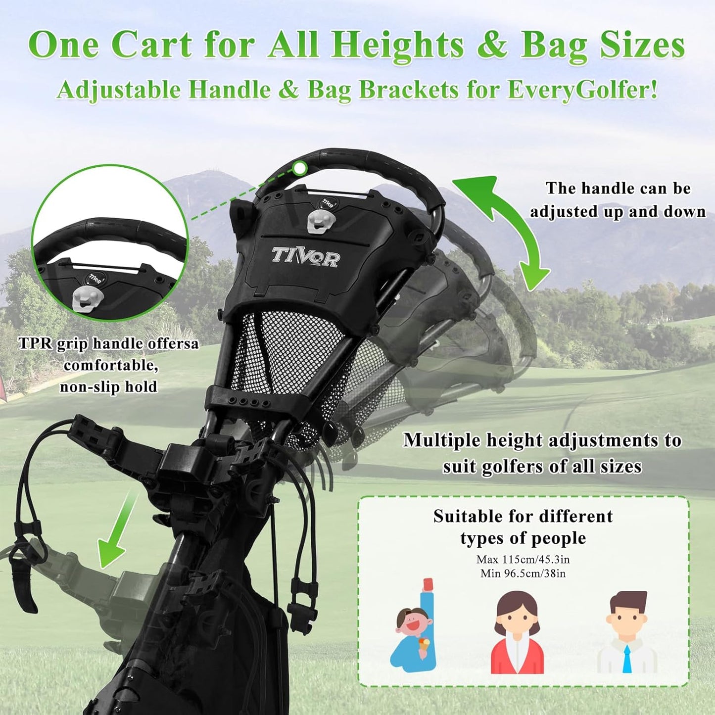Tivor 3 Wheel Golf Push Cart, Lightweight Push Cart Golf One-Click Folding, Adjustable Height Pushcart for Golf Bags, Compact Design for Ladies, Junior Golfers