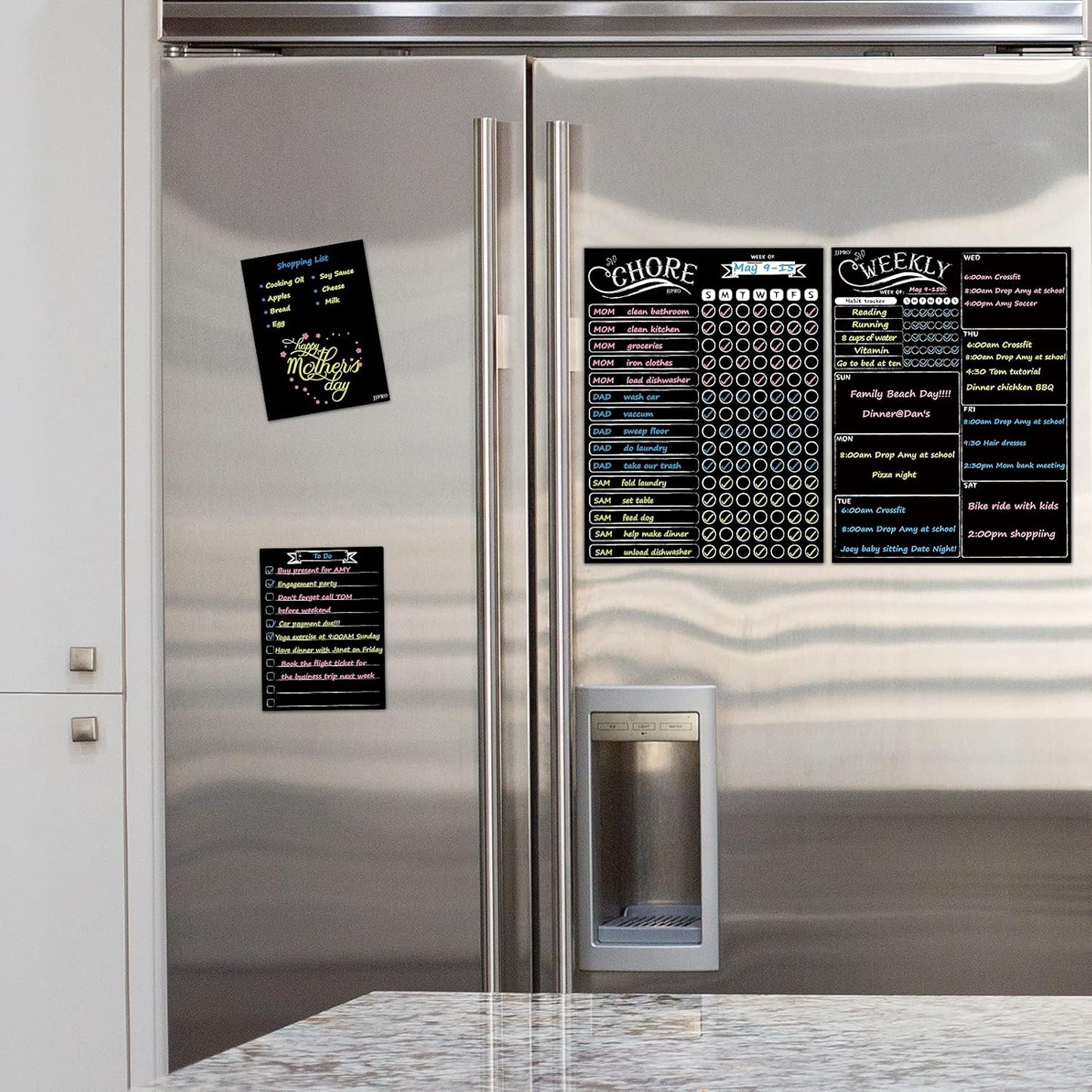 Magnetic Chalkboard Weekly Planner - Reward Chore Chart Blackboard Combo Set with Neon Bright Liquid Chalk Markers - Bonus Grocery List and Notepad Blackboard for Refrigerator Included