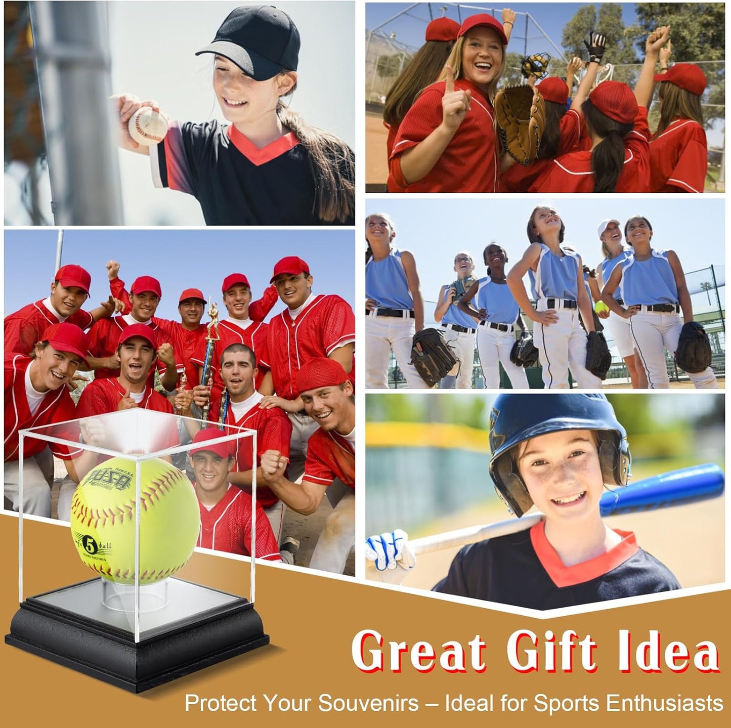 Softball Display Case with Led Light, UV Protected Cube with Wood Base Stand, Clear Acrylic Softball Holder for Single Autograph Ball