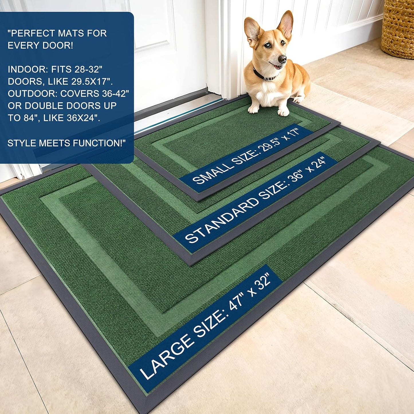 OLANLY Front Door Mat Indoor Outdoor Entrance, Waterproof All-Season, All-Weather Doormat, Sturdy Natural Rubber, Fade Resistant, Low Profile, Easy Clean Patio Porch Entryway Mat, 47x23, Green
