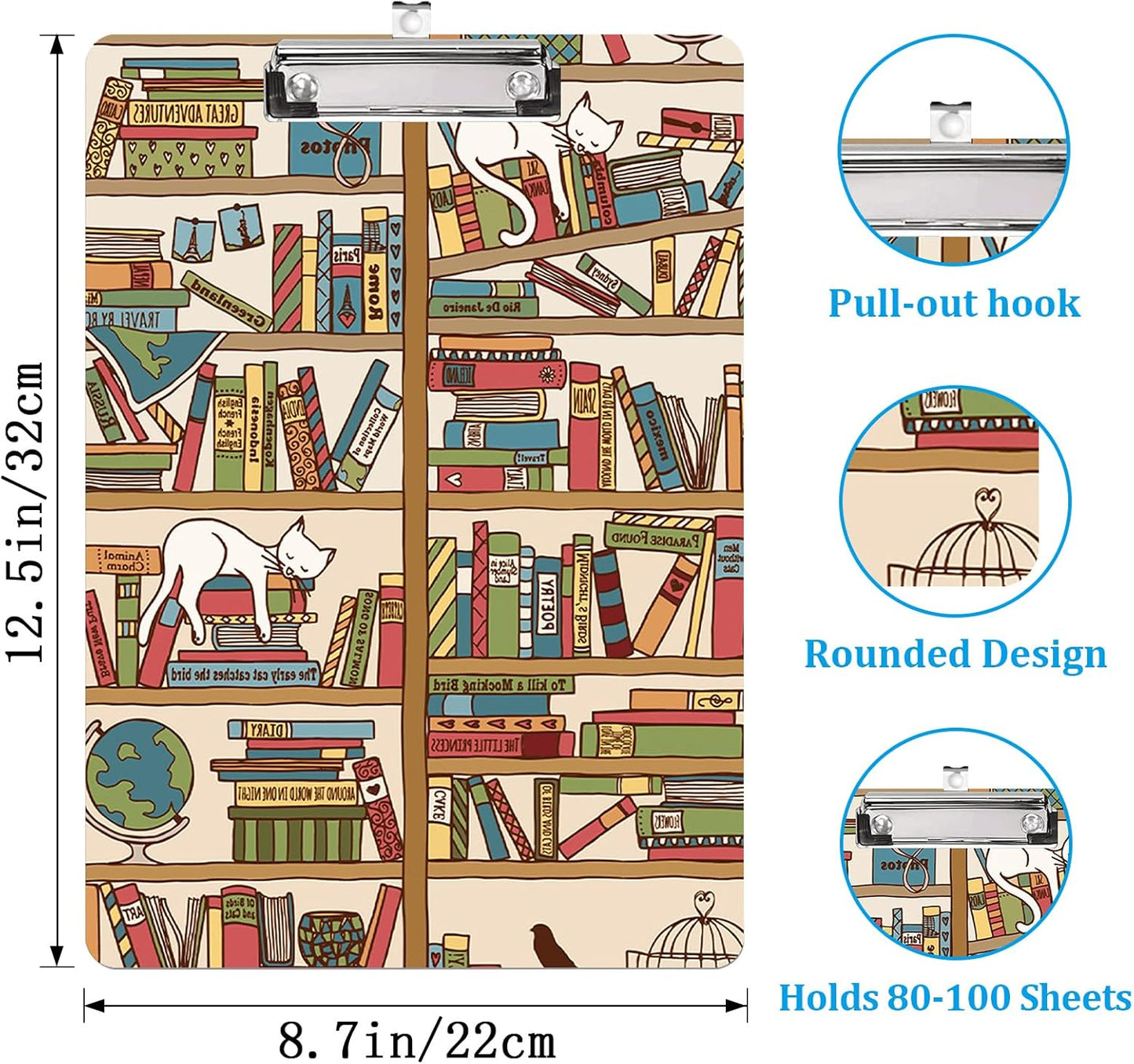 The Cat and The Bookshelf Plastic Clipboard with Finish Clip 8.7" x 12.5" Perfect for Modern Office Seminars Workshops Home School Classroom and Event