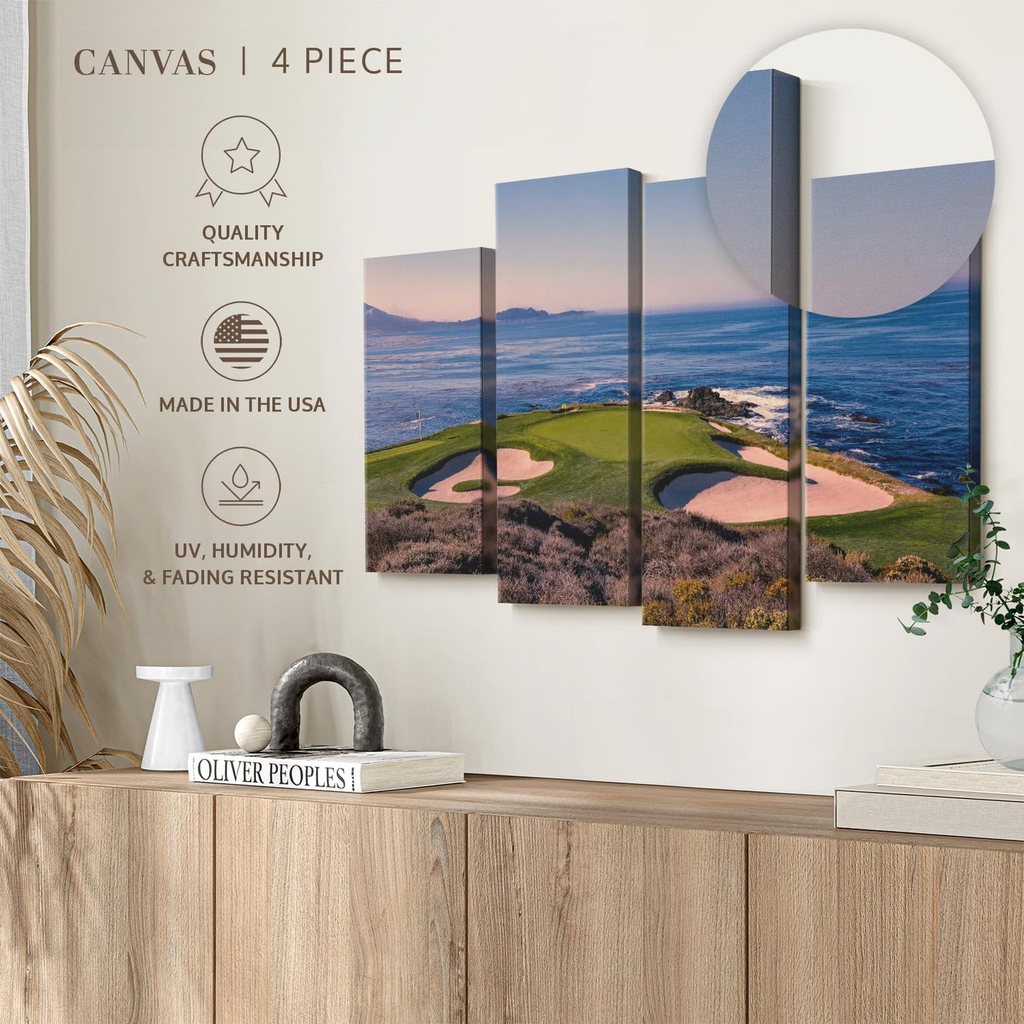 Elephant Stock Pebble Beach Golf Club Wall Art - Horizontal Canvas - 4-Piece Living Room Wall Decor - Luxury Photography Canvas Print - Beige and Blue Decor for Wall - 75" X 48"