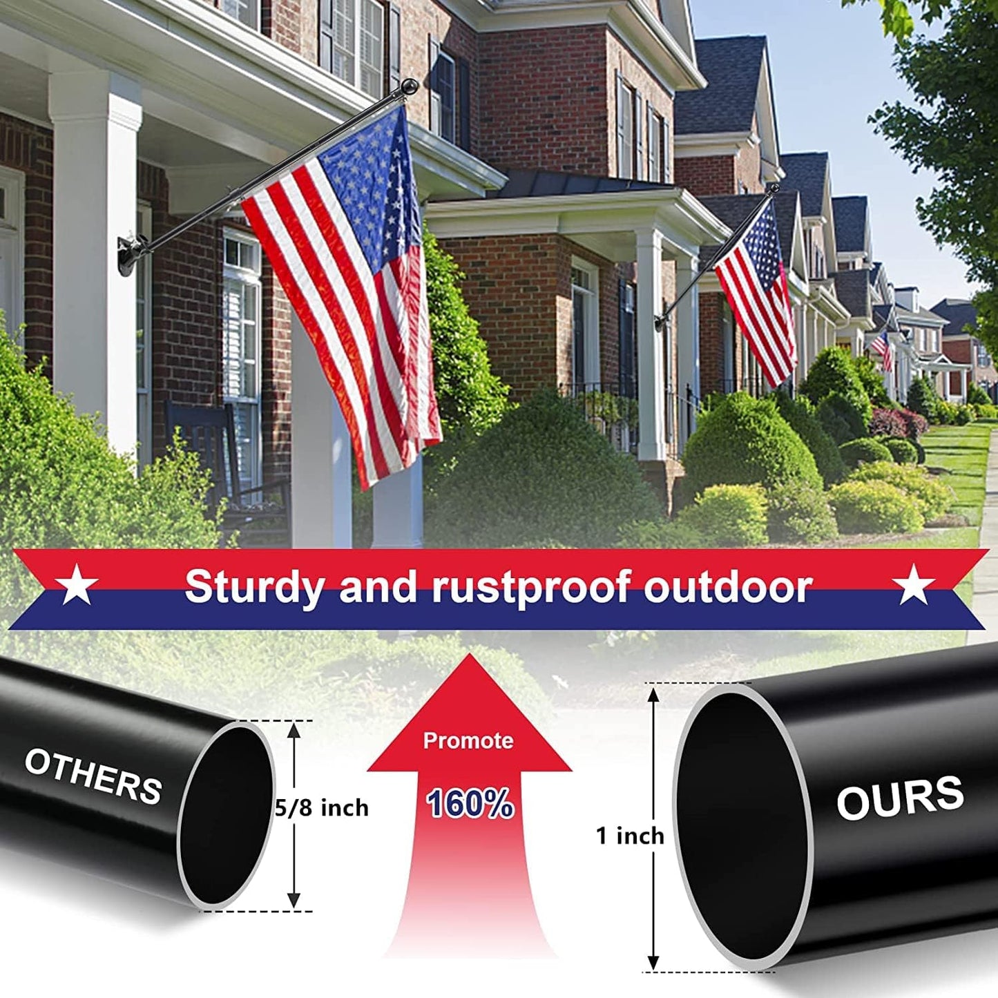 Flag Pole for Outside House - 6ft Heavy Duty Metal Flag Pole Kit, Tangle Free Spinning Flagpole Holder For Outdoor Porch Residential Decoration - Black
