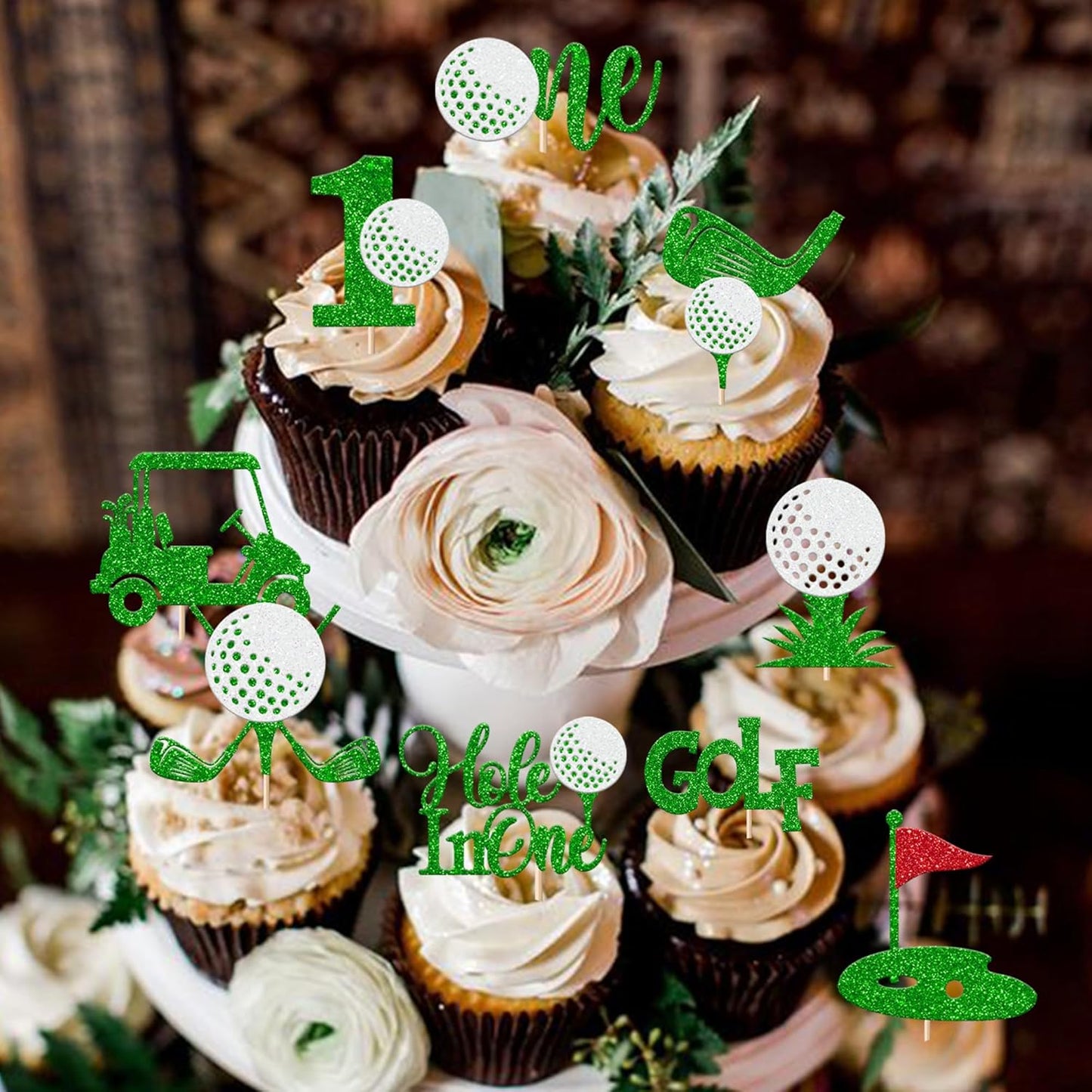 Rsstarxi 30 Pack Golf 1st Birthday Cupcake Toppers Glitter Hole in One Cupcake Picks Decoration for Boys Girls Baby Shower First Birthday Golf Party Cake Decorations Green