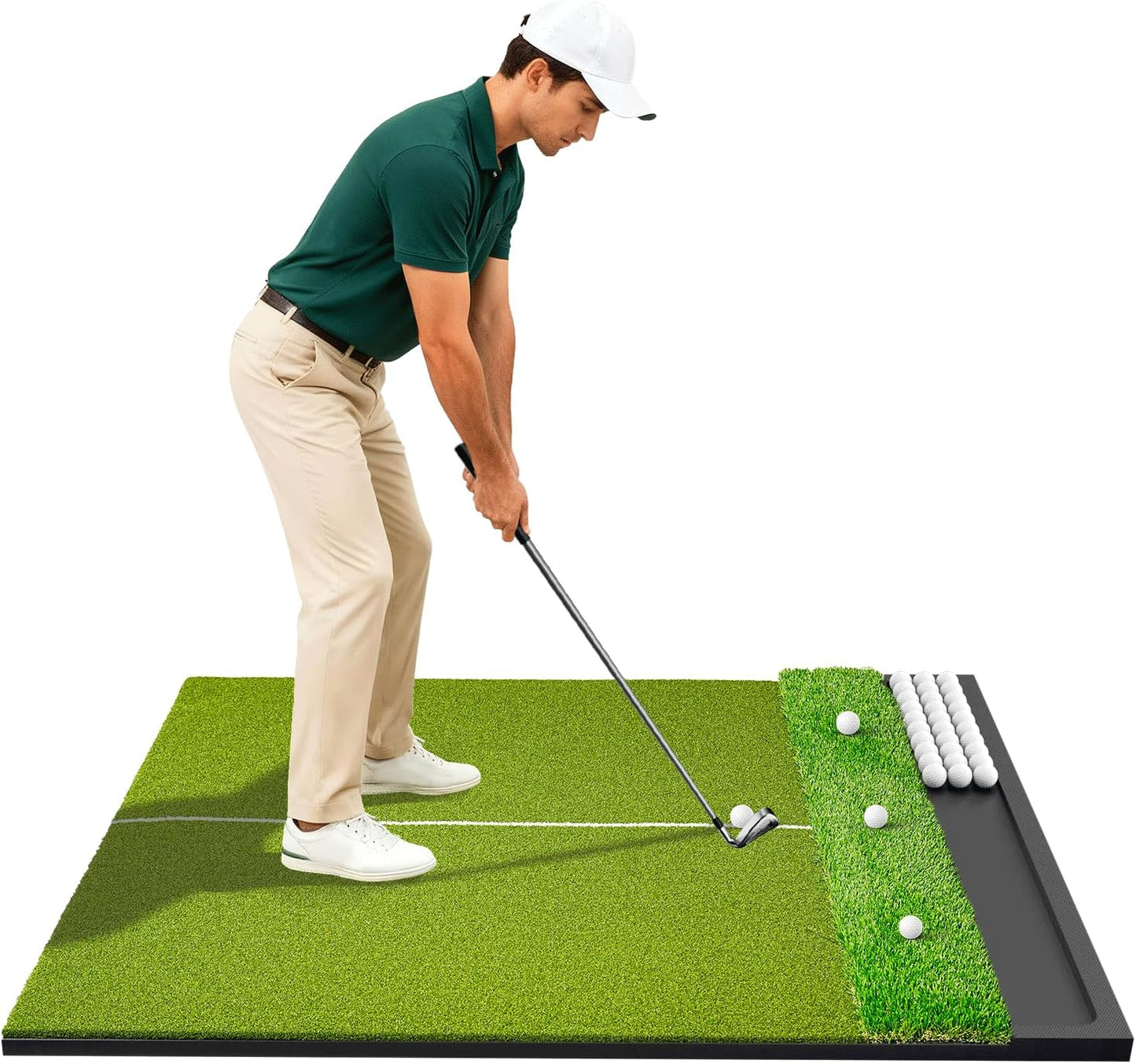 Dual-Turf Golf Hitting Mat 5x4ft, 26mm Thick, Built-in Ball Tray 100-Ball Capacity, Indoor Outdoor Driving & Chipping Golf Practice Mats for Fairway & Rough Shots