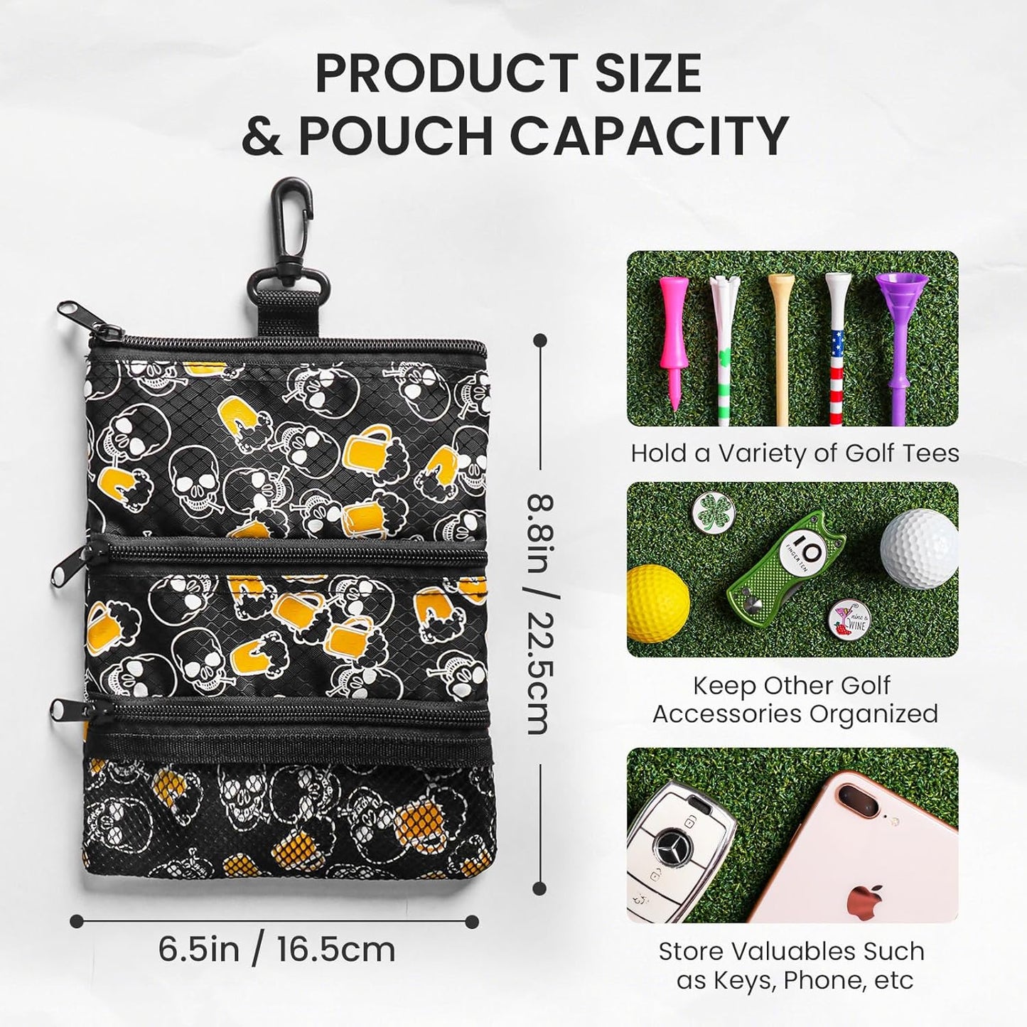 FINGER TEN Golf Pouch Bag for Valuables Tee Color with 4 Golf Pencil Pack, Zippered Pocket Gear Clip Hook to Bag