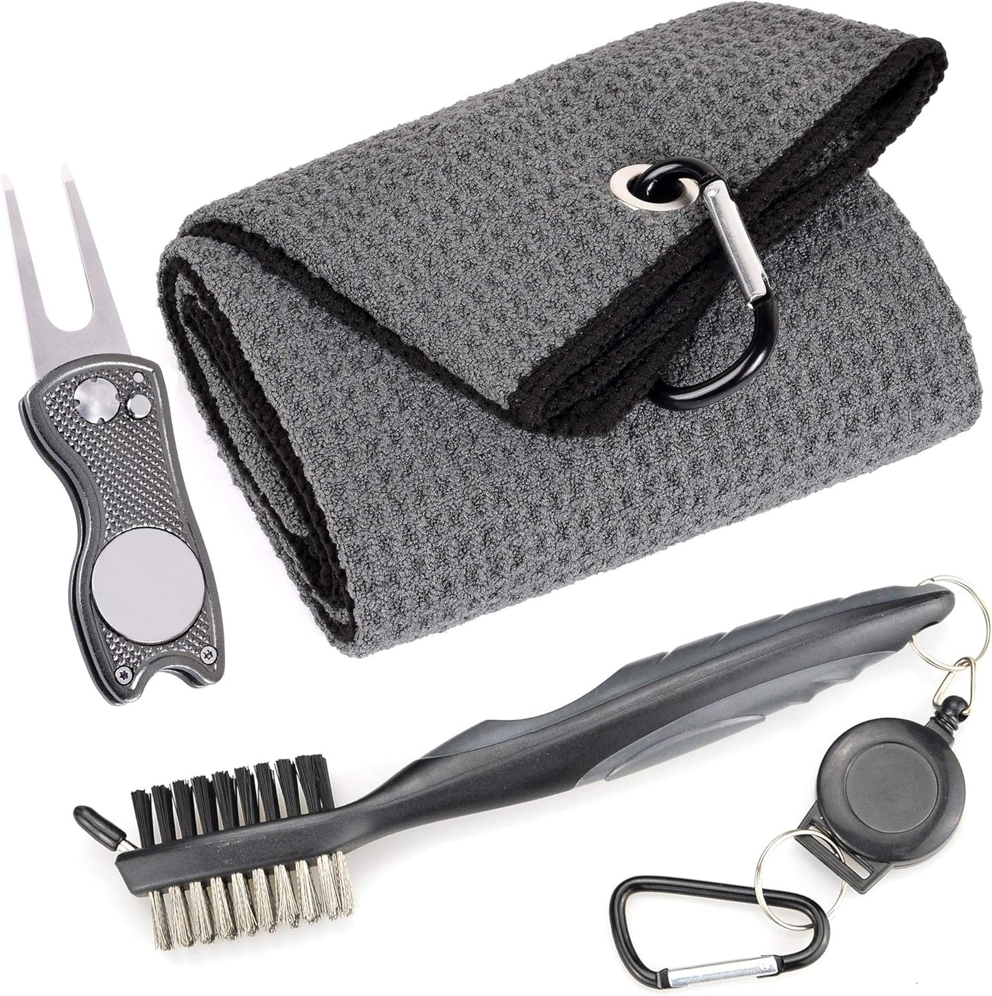 Mile High Life Microfiber Waffle Pattern Golf Towel | Club Groove Cleaner Brush | Foldable Divot Tool with Magnetic Ball Marker (Dark Gray Towel/Brush/Fish Divot)