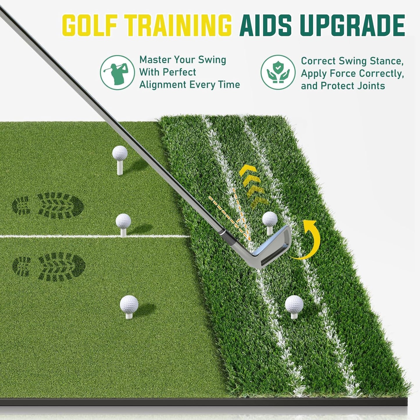 Dual Turf Golf Mat - Practice Indoor/Outdoor, 5 x 4 ft Hitting Mat with Alignment Lines, 9 Tees & Balls Accessories for Swing, Chipping, Putting