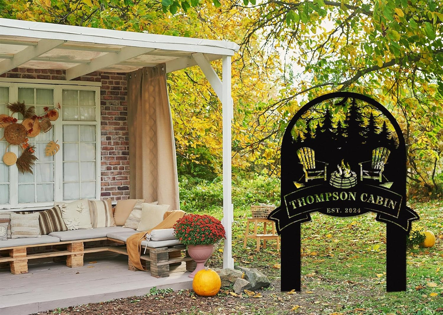 Personalized Family Name Firepit Scene Sign with Yard Stake, Rustic Personalized Camping Decor