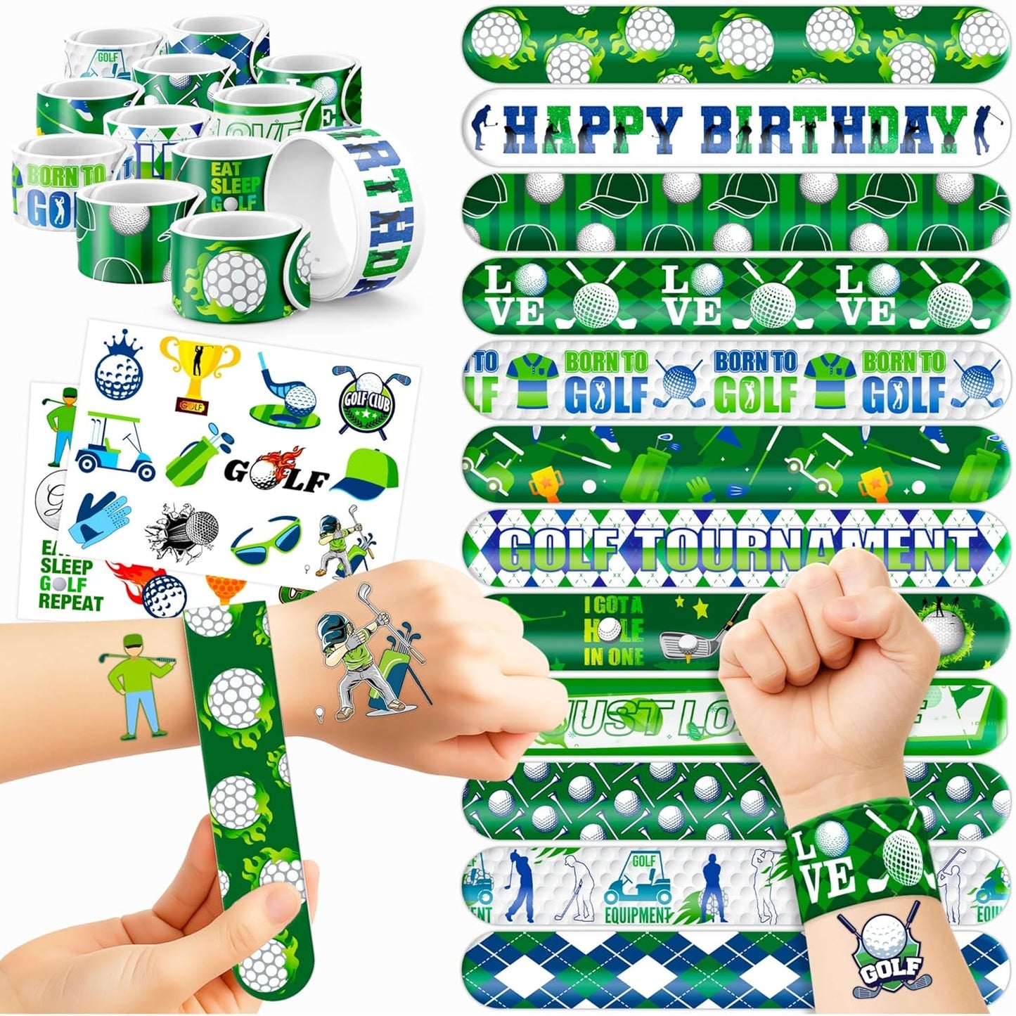 48PCS Golf Party Set 24PCS Temporary Tattoos & 24PCS Slap Bracelets Fun Golf-Themed Birthday Supplies, Baby Shower Gifts, Classroom Rewards & Party Decorations for Kids (Boys & Girls)