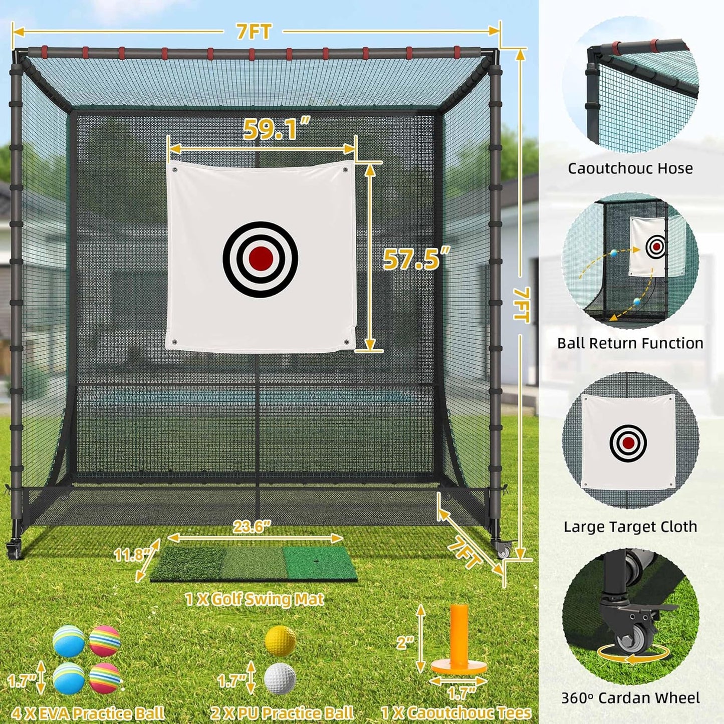 Golf Cage Net with Wheels, Upgrade Driving Hitting Cage with Metal Frame, Golf Practice Net for Full Swing and Chipping Backyard Indoor Outdoor Lawn(Includes 1 Hitting Mat 6 PU Balls 1 Tee)