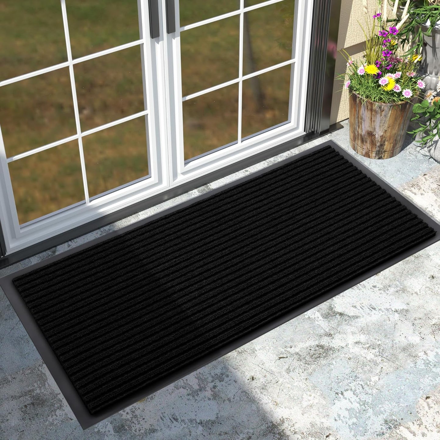 Yimobra Front Door Mat Outdoor Indoor Entrance, 100% Waterproof All-Season All Weather Doormat, Welcome Matt Outside Entry, Non Slip, Low Profile, Heavy Duty Patio Porch Floor Mats,47 x 24,Black