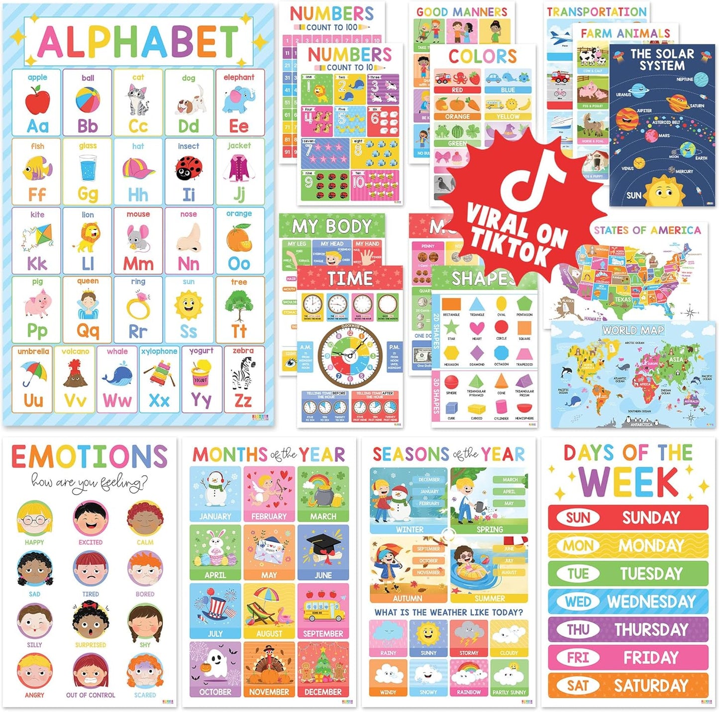 BEAWART 18 Laminated Educational Posters For Toddlers, Preschool Posters for Classroom, Kindergarten Wall Decor, PreK Learning Materials Alphabet Number Chart