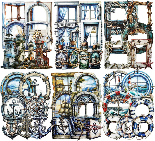 Nautical Scrapbook Stickers Set – 60PCS Vintage Maritime-Themed Cardstock Stickers, Adhesive Die-Cuts for Journals, Crafts, Gift Tags, DIY Decor