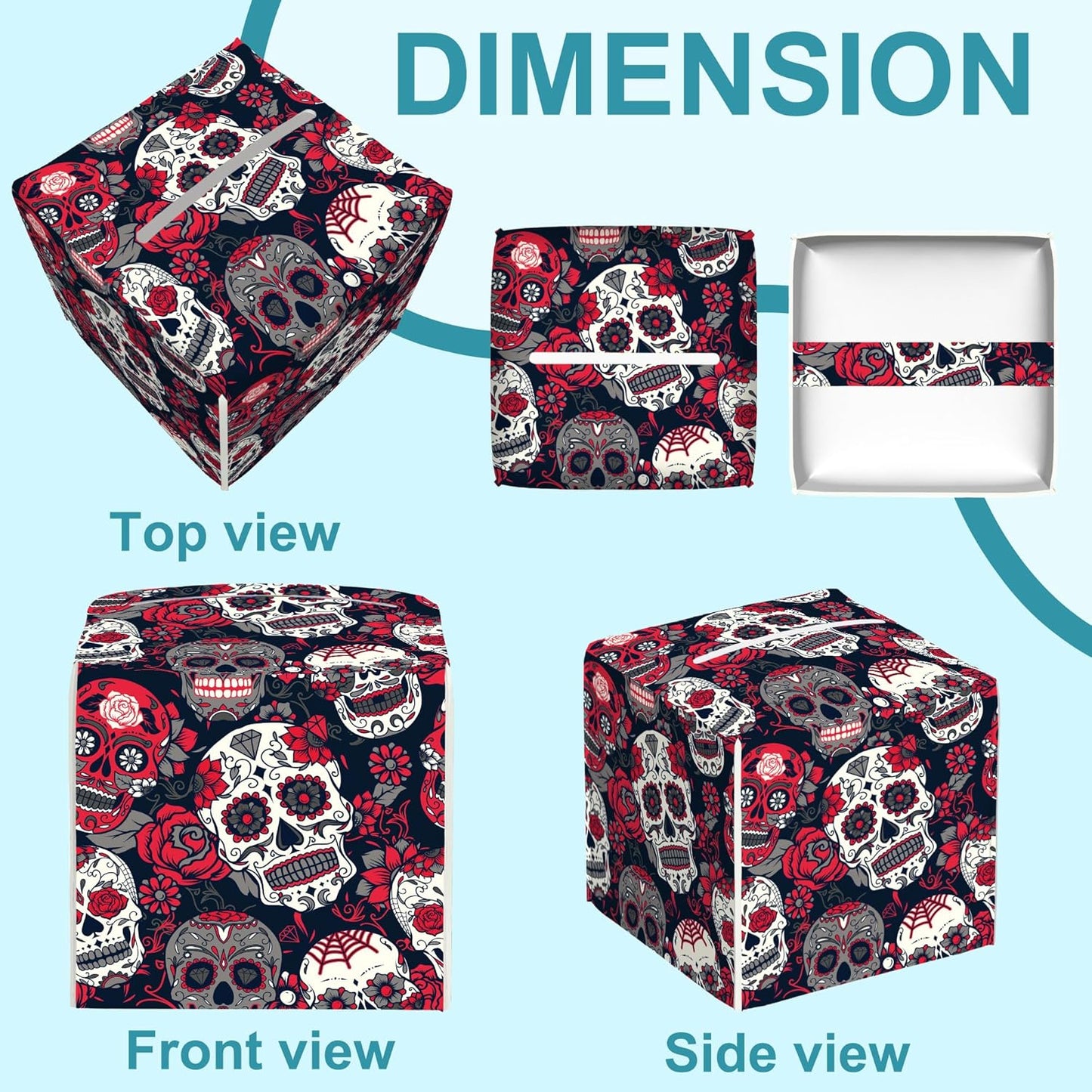 Colorful Sugar Skull Leather Tissue Holder,Red Roses Floral Square Tissue Box Cover,Modern Decorative Facial Tissue Paper Cover for Car Bedroom Vanity Desk Office Table Top,5.2" x 5.2" x 5.2"