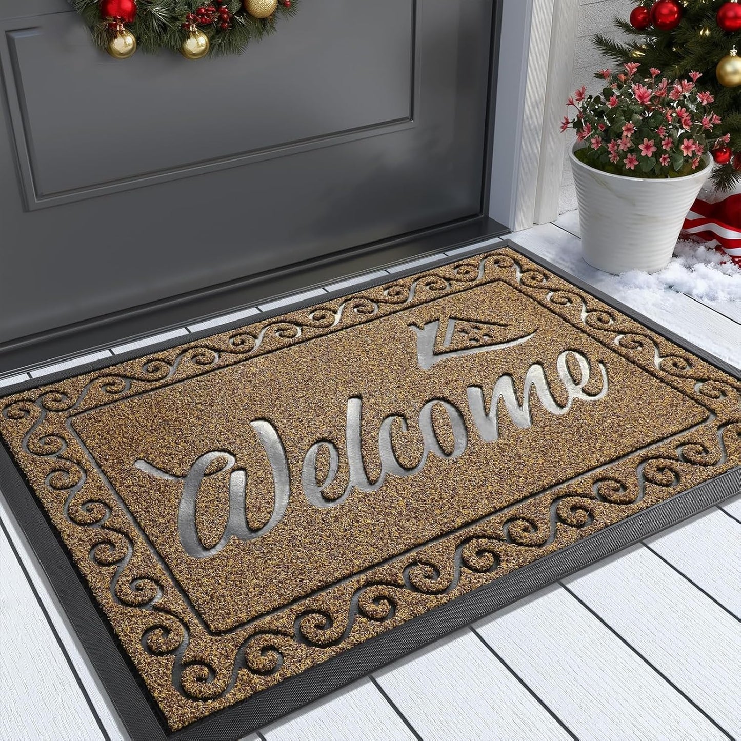 Yimobra Welcome Front Door Mat, Heavy Duty Easy Clean Doormat Indoor Outdoor, Waterproof Quick Dry Floor Mat for Home, Garage, Hign Traffic Areas, Non Slip, Low Profile, 29.5X17 Inches, Beige Brown