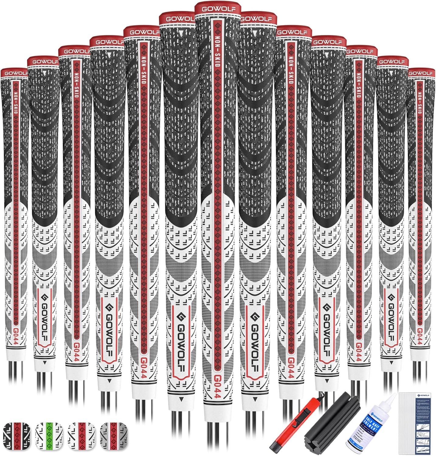 Gowolf Premium Cross Corded Natrual Rubber Golf Grips 13 Pack, Back Rib Improved Control Multi-compound Hybrid Golf Club Grips with 15pc Tapes or Full Kits