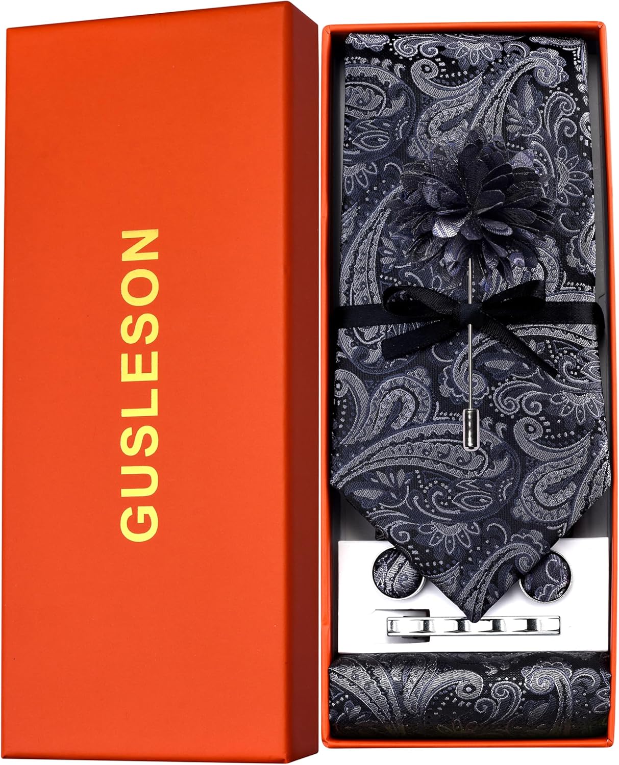 GUSLESON Tie Set for Men Necktie and Pocket Square,Tie Clip,Cufflinks, Lapel Pin Sets with Gift Box 5PCS