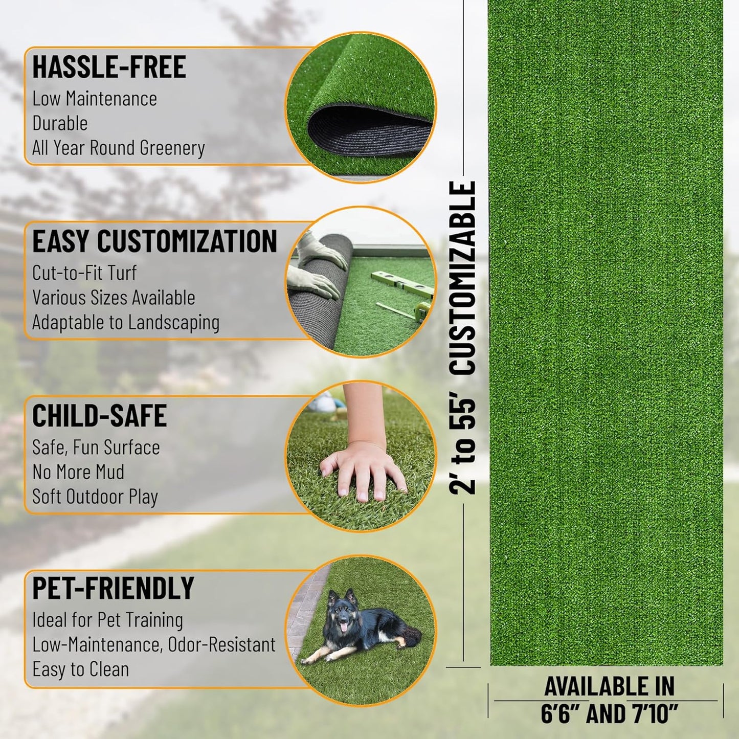 Ottomanson Artificial Grass Turf 6'6" x 44' Indoor Outdoor Faux Grass Rug with Drainage Holes, Customizable with Extra Long Size Options, Perfect for Patio Lawn Balcony Weddings Photoshoot Backdrop