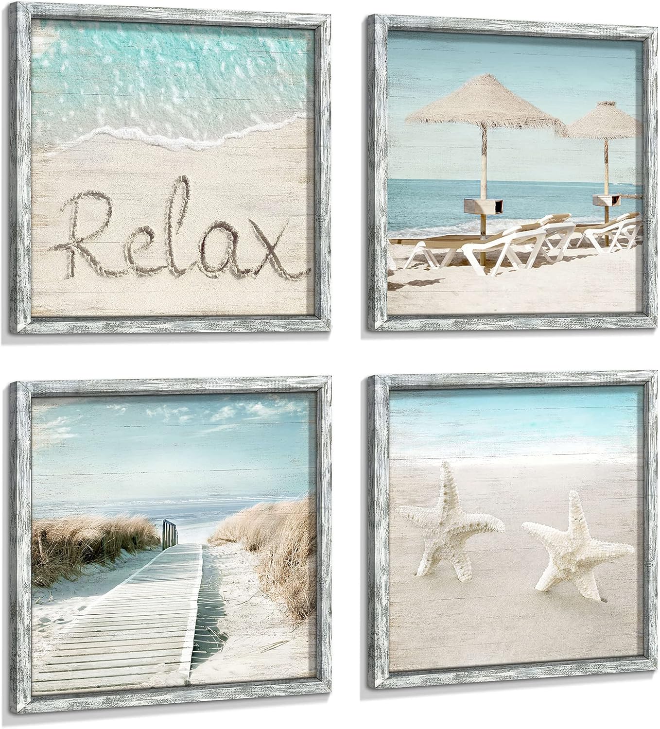 Coastal Framed Wood Wall Art: Beach Picture Seascape Artwork Seaside Prints Starfish Boardwalk Art Collection Wall Decor Set of 4 for Bedroom