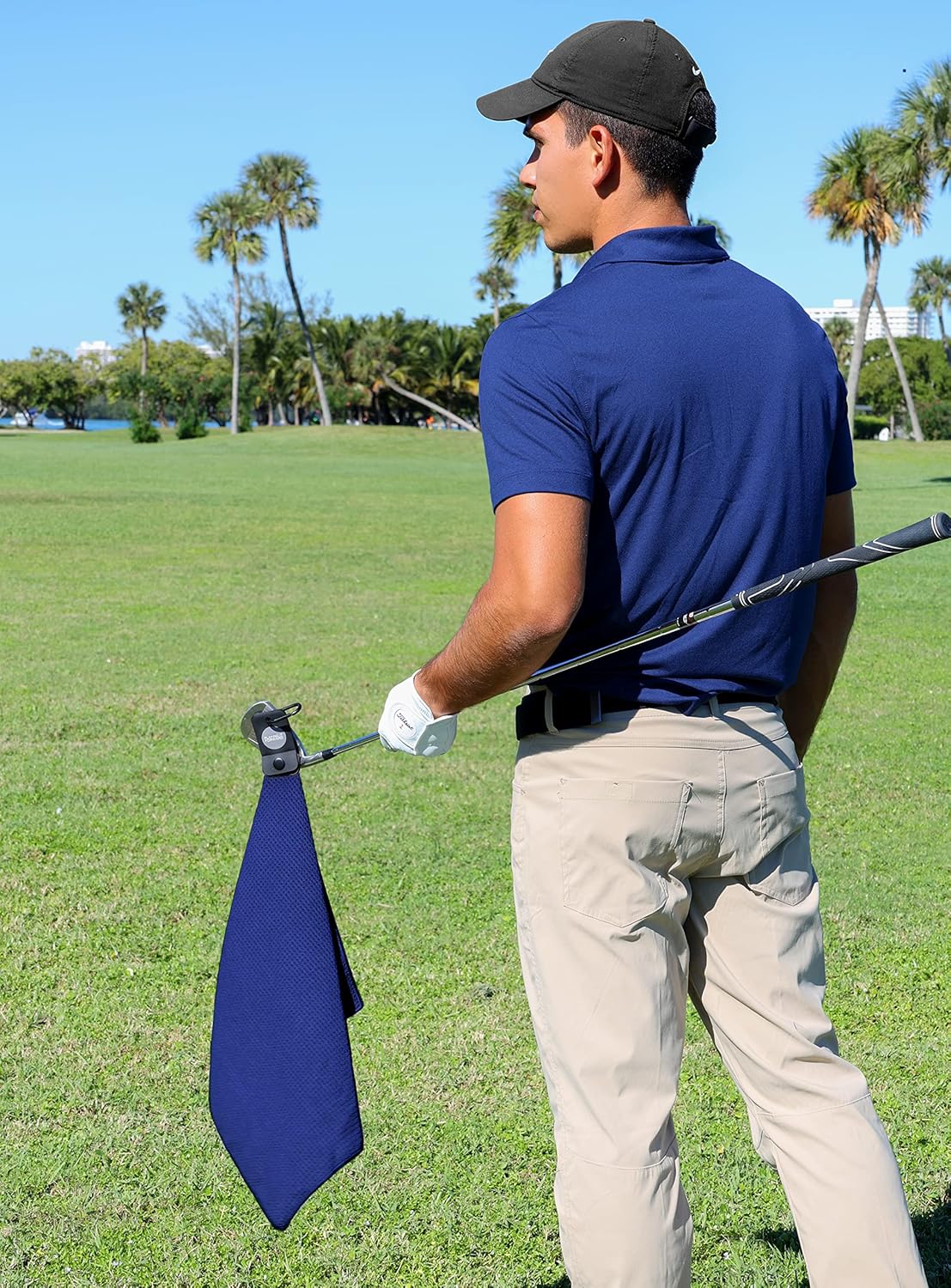 Magnetic Golf Towels for Golf Bags with Clip & Ultra Strong Magnet - Waffle Weave Microfiber Towel for Secure Hold on Bags & Carts - Ideal Club Cleaner & Accessories - Navy